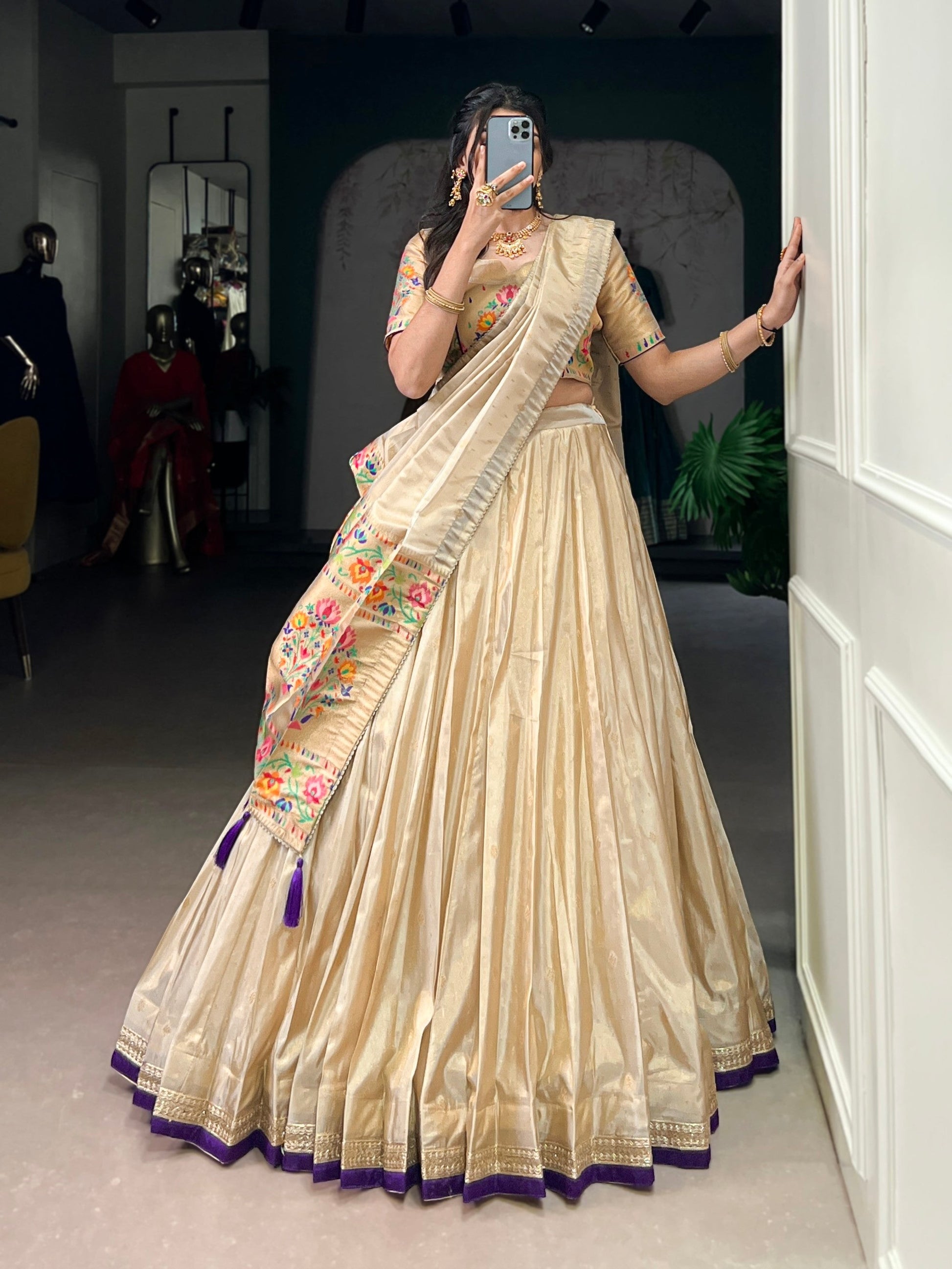 Lorenvalley Fashion Cream Shimmer Paithani Zari Weaving Work Lehenga Choli with Dupatta 