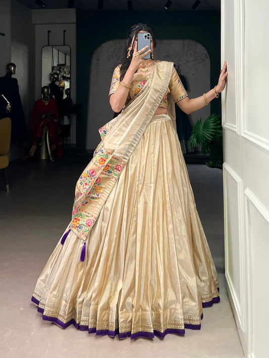 Lorenvalley Fashion Cream Shimmer Paithani Zari Weaving Work Lehenga Choli with Dupatta 