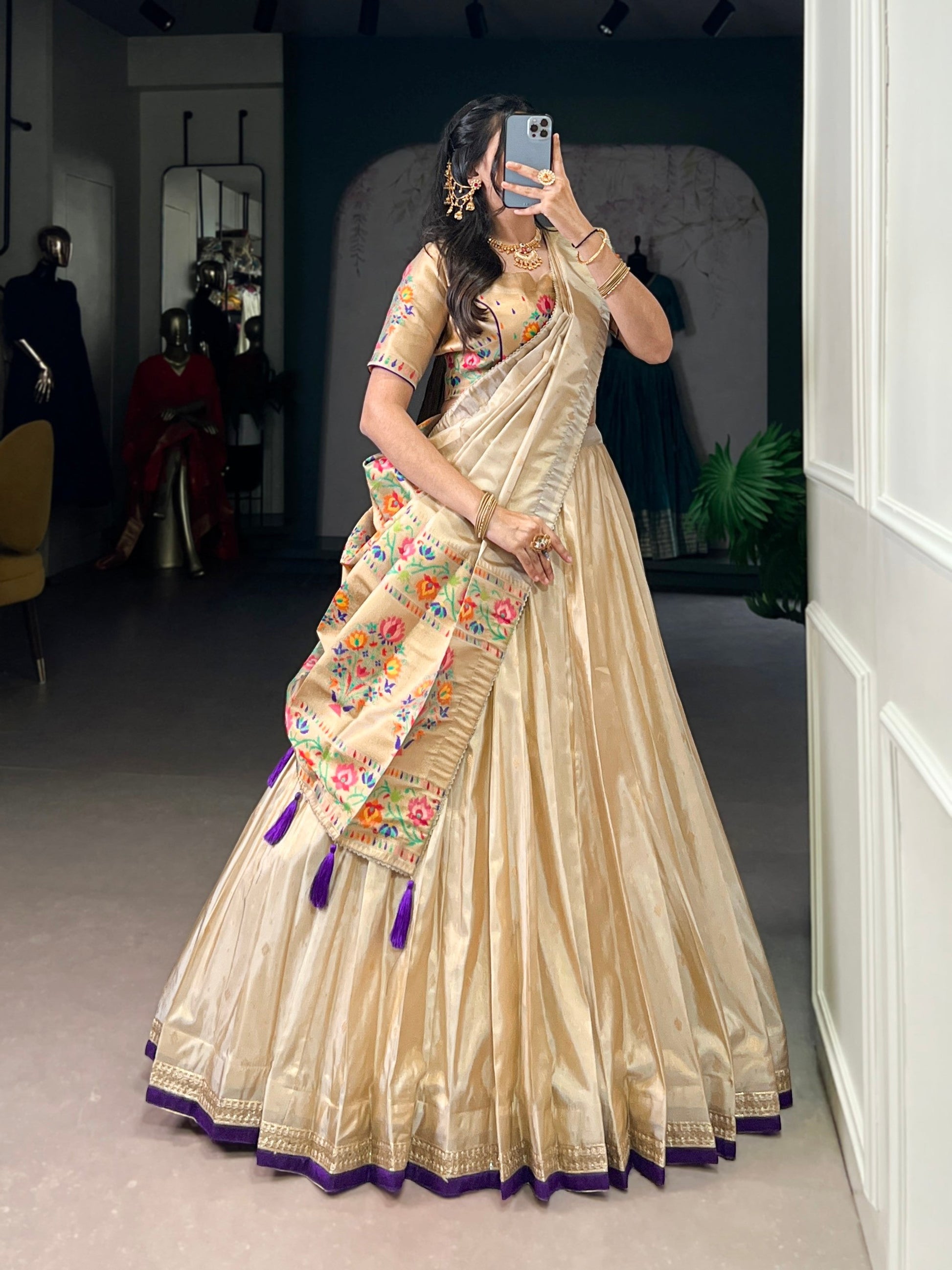 Lorenvalley Fashion Cream Shimmer Paithani Zari Weaving Work Lehenga Choli with Dupatta 