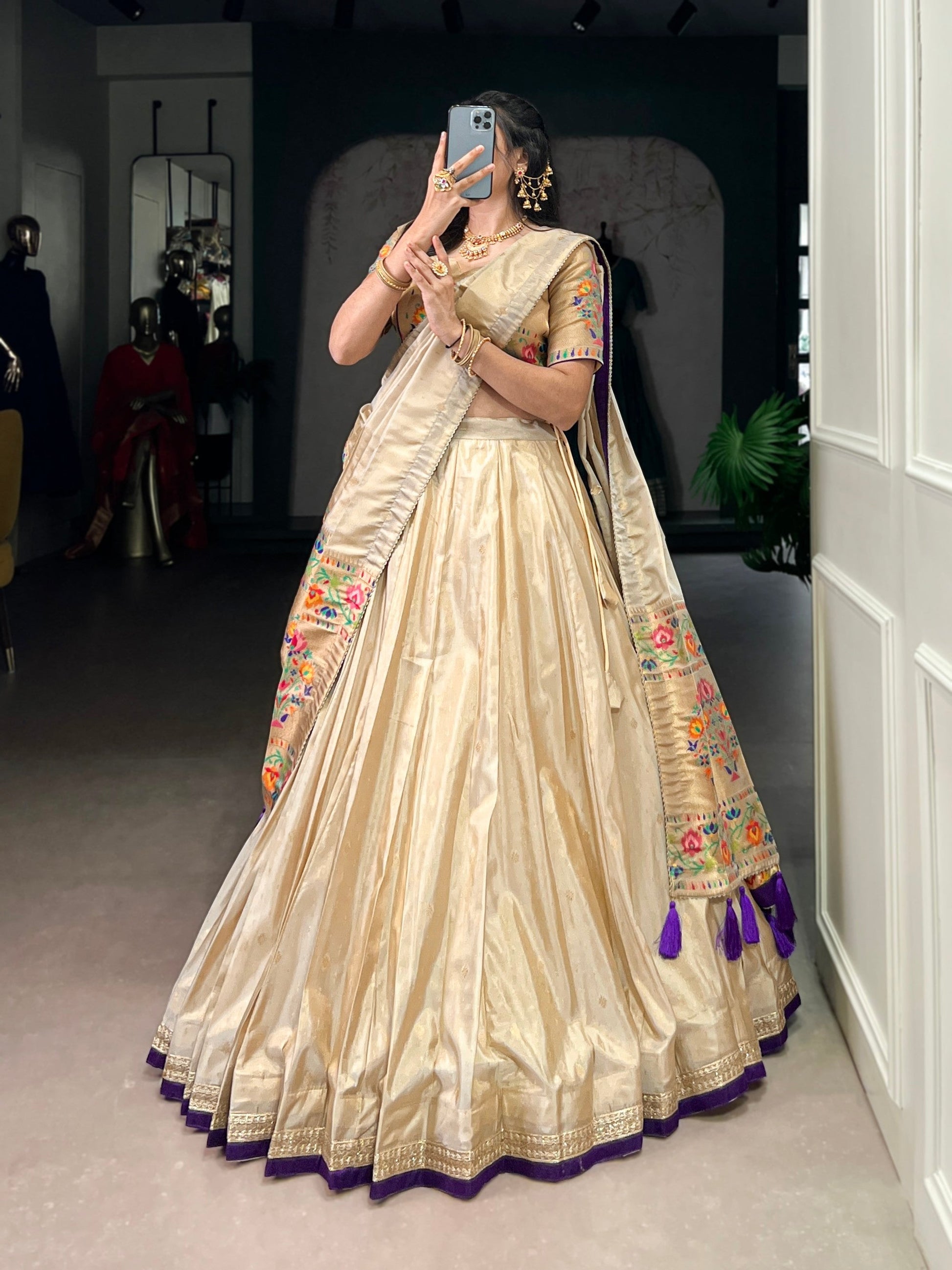 Lorenvalley Fashion Cream Shimmer Paithani Zari Weaving Work Lehenga Choli with Dupatta 