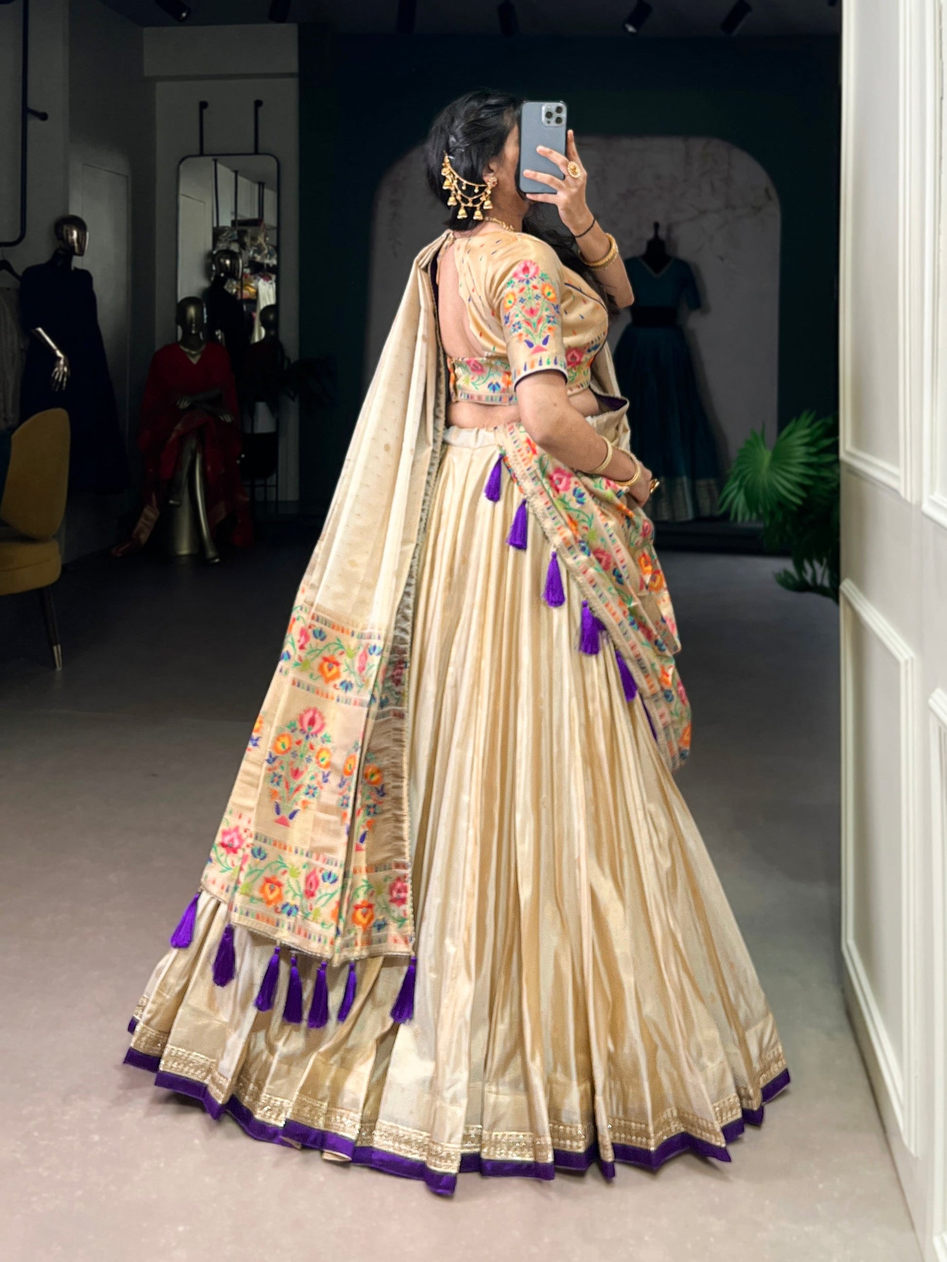 Lorenvalley Fashion Cream Shimmer Paithani Zari Weaving Work Lehenga Choli with Dupatta 