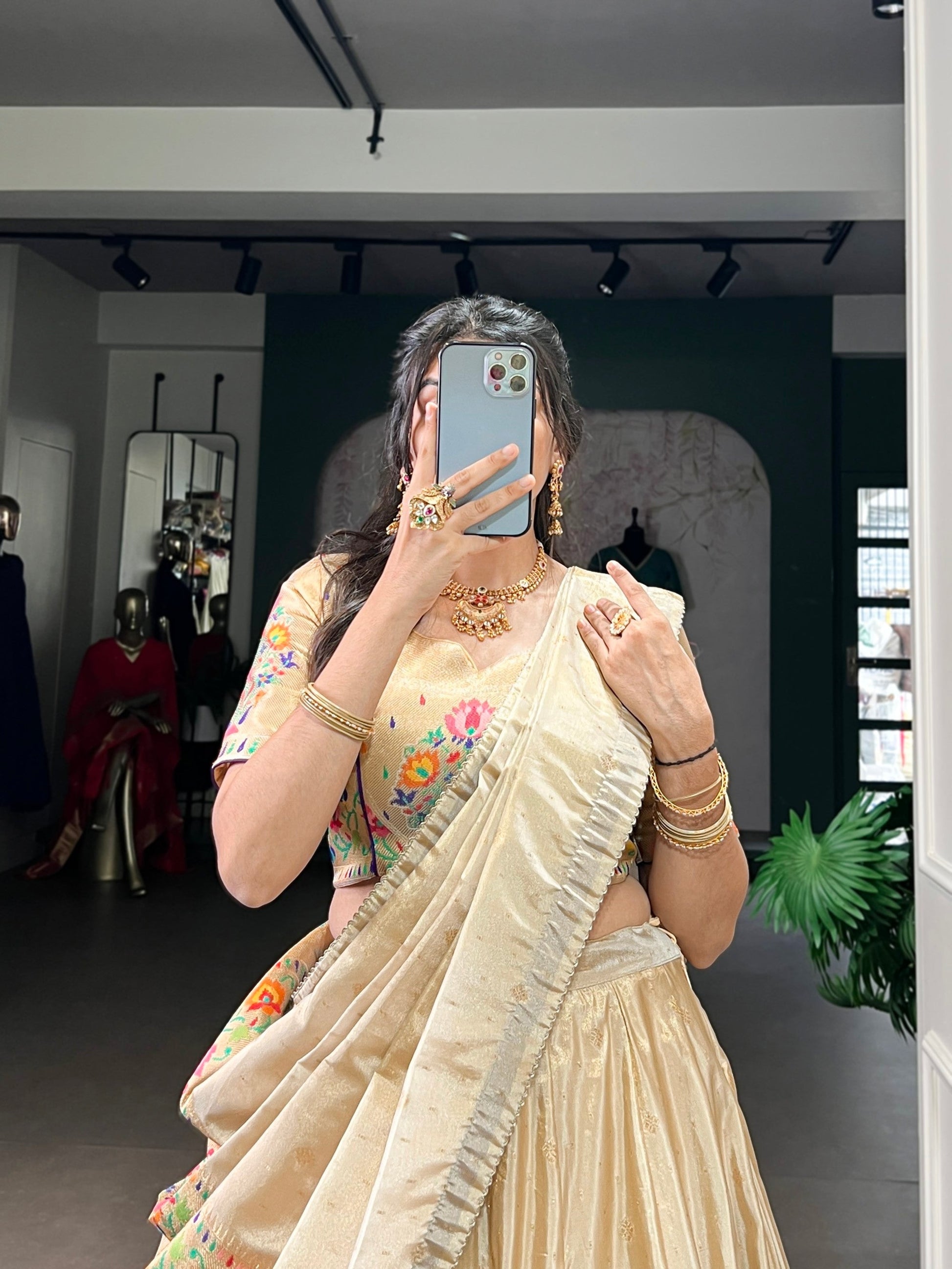 Lorenvalley Fashion Cream Shimmer Paithani Zari Weaving Work Lehenga Choli with Dupatta 