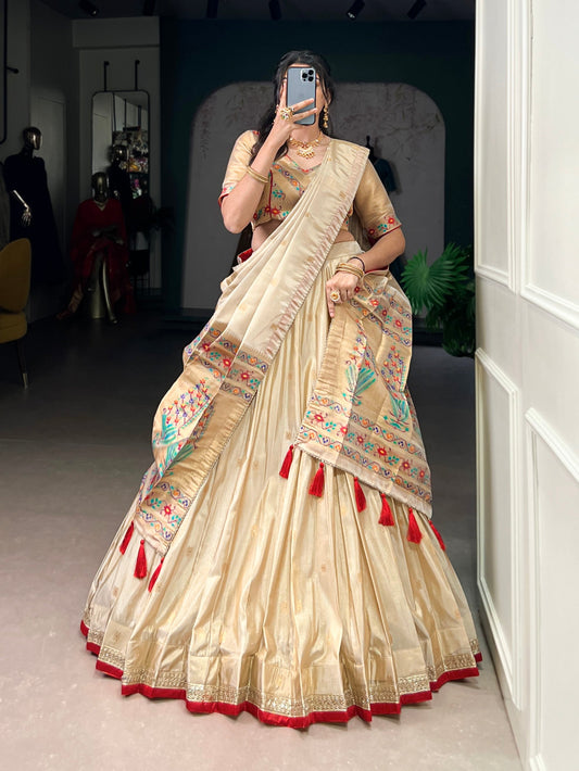 Lorenvalley Fashion Cream Shimmer Paithani Zari Weaving Work Lehenga Choli with Dupatta