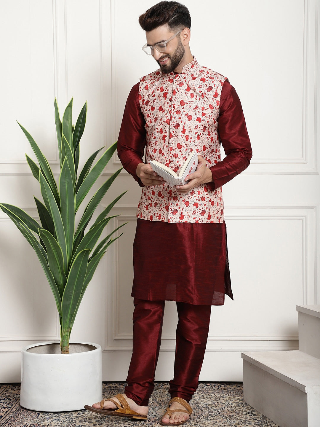 Sojanya Men Maroon & Beige Solid Kurta with Churidar & Printed Nehru Jacket 