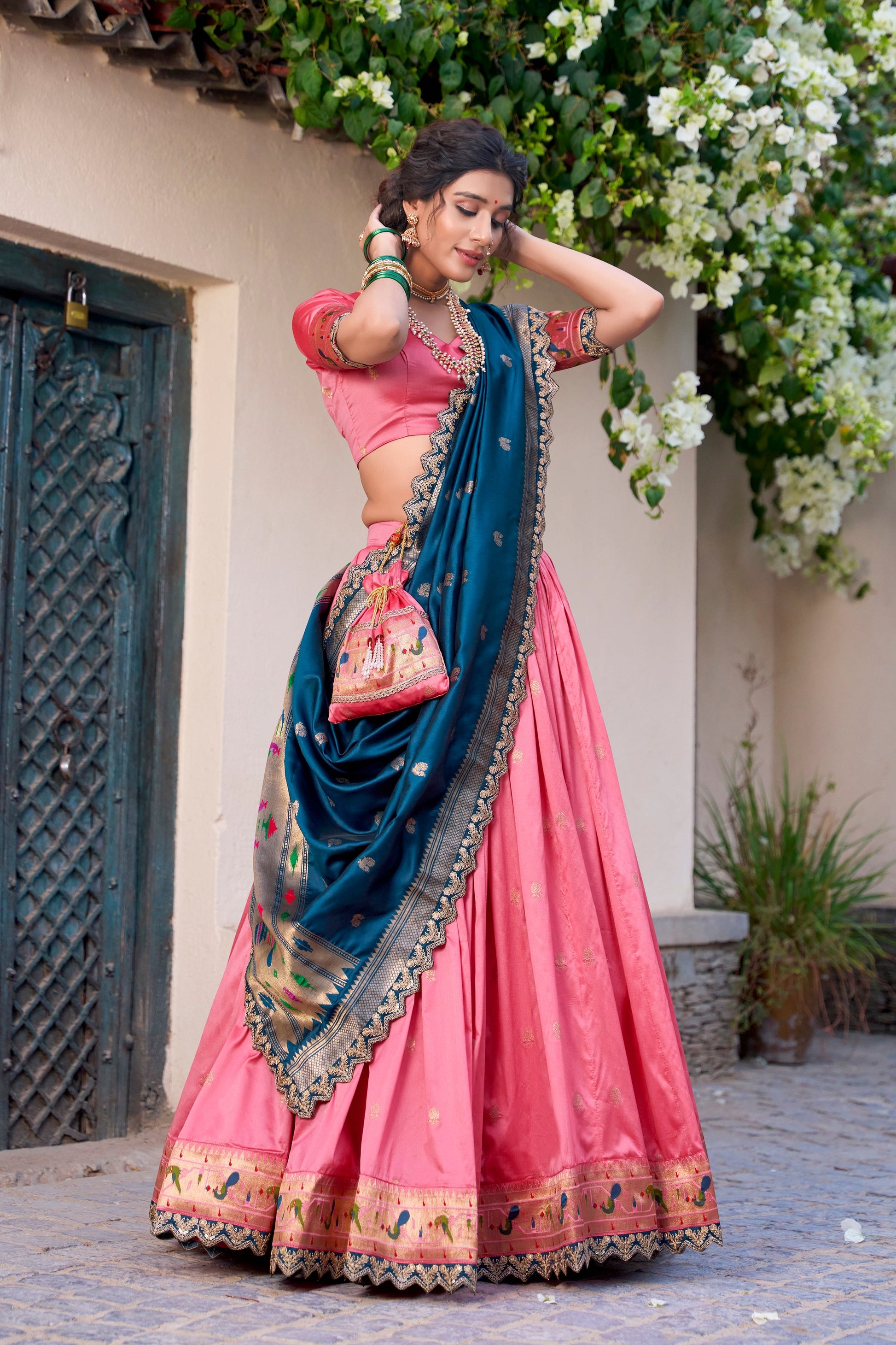 Lorenvalley Light Pink Jacquard Silk Paithani Zari Weaving Work With Sequins and Thread Embroidery Scallop Lace Border Lehenga Choli with Dupatta 