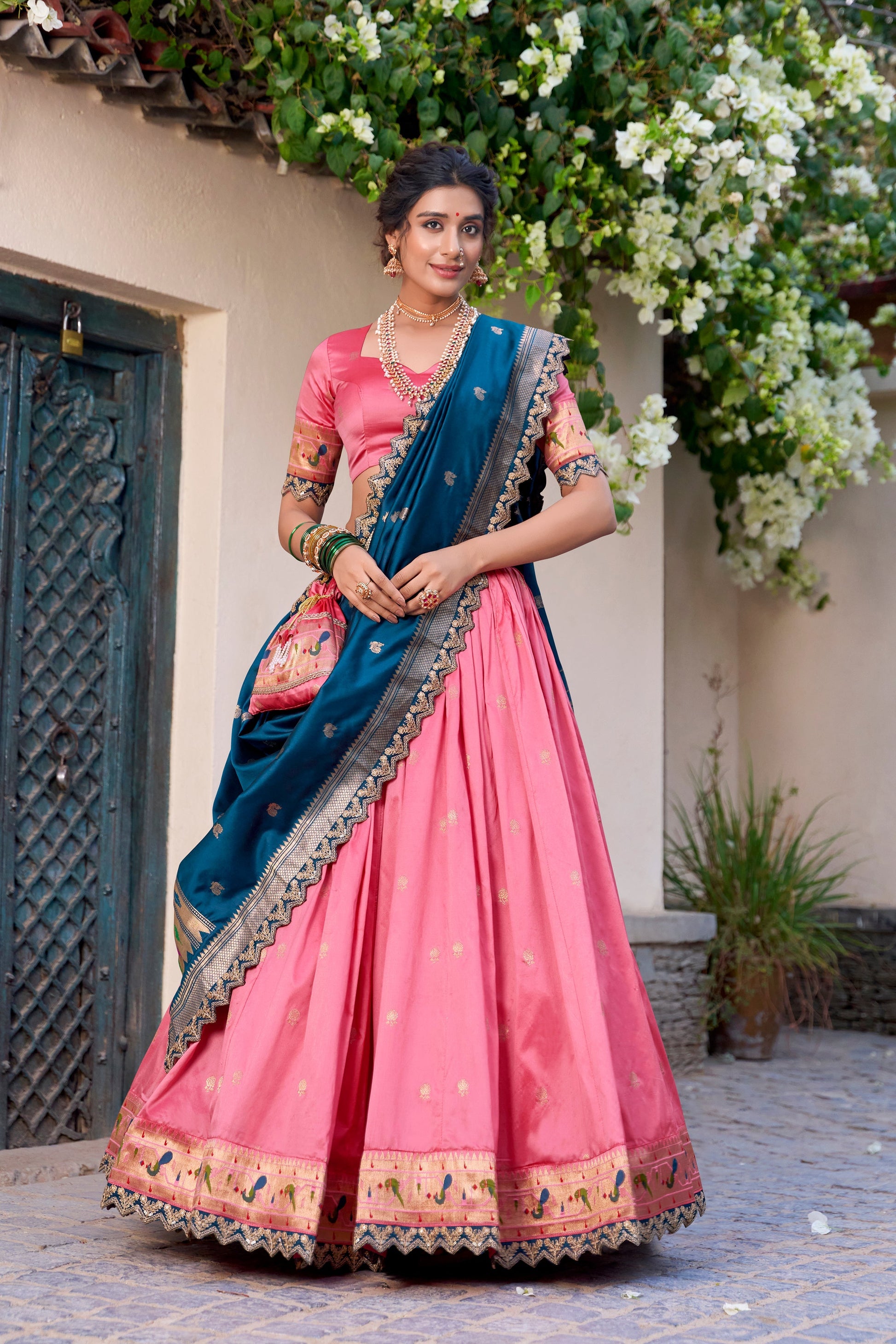 Lorenvalley Light Pink Jacquard Silk Paithani Zari Weaving Work With Sequins and Thread Embroidery Scallop Lace Border Lehenga Choli with Dupatta 
