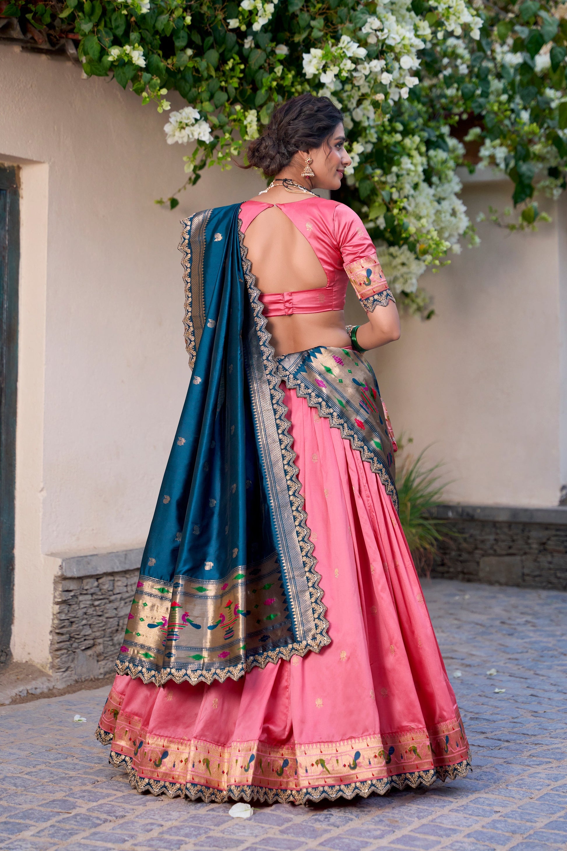 Lorenvalley Light Pink Jacquard Silk Paithani Zari Weaving Work With Sequins and Thread Embroidery Scallop Lace Border Lehenga Choli with Dupatta 