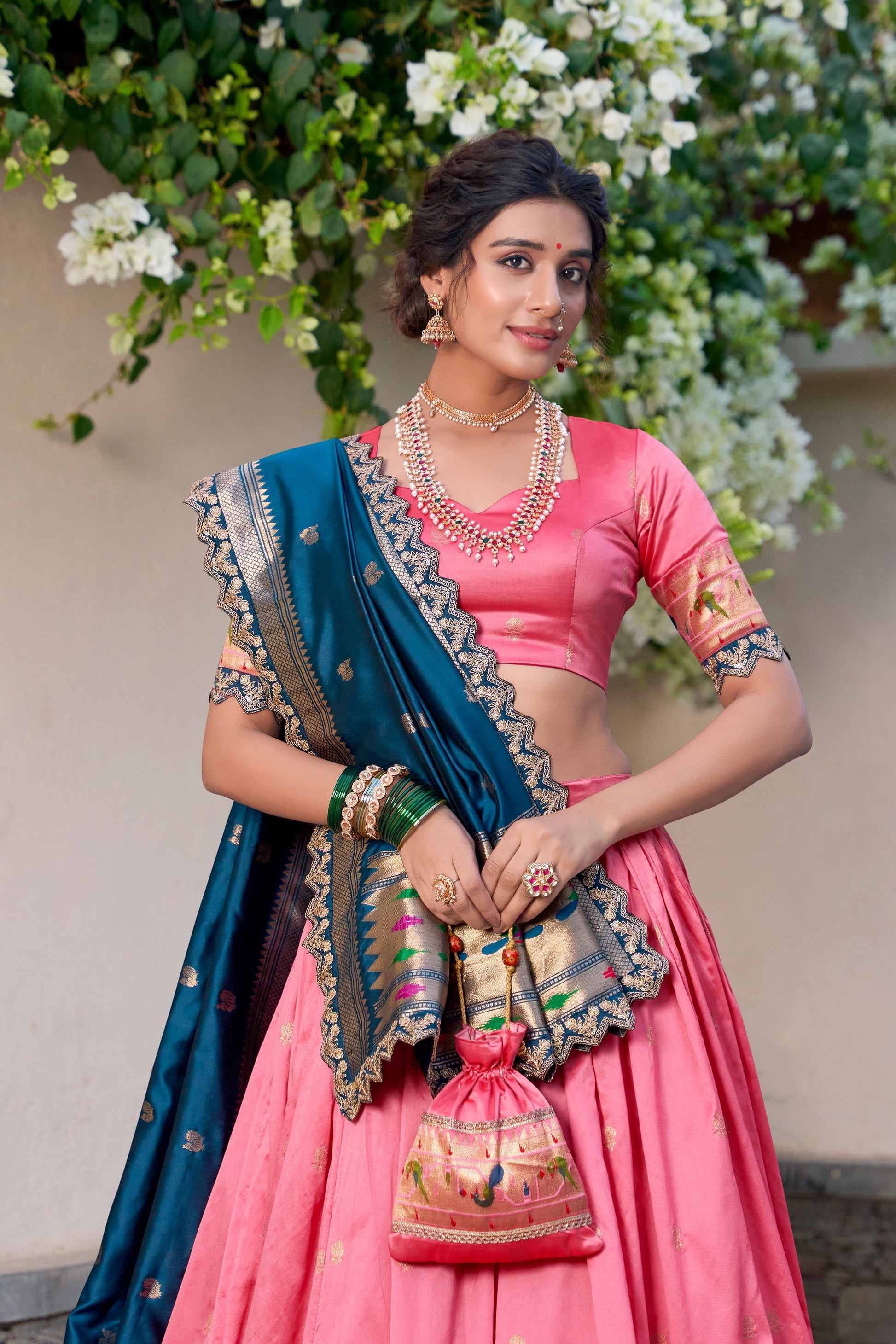 Lorenvalley Light Pink Jacquard Silk Paithani Zari Weaving Work With Sequins and Thread Embroidery Scallop Lace Border Lehenga Choli with Dupatta 