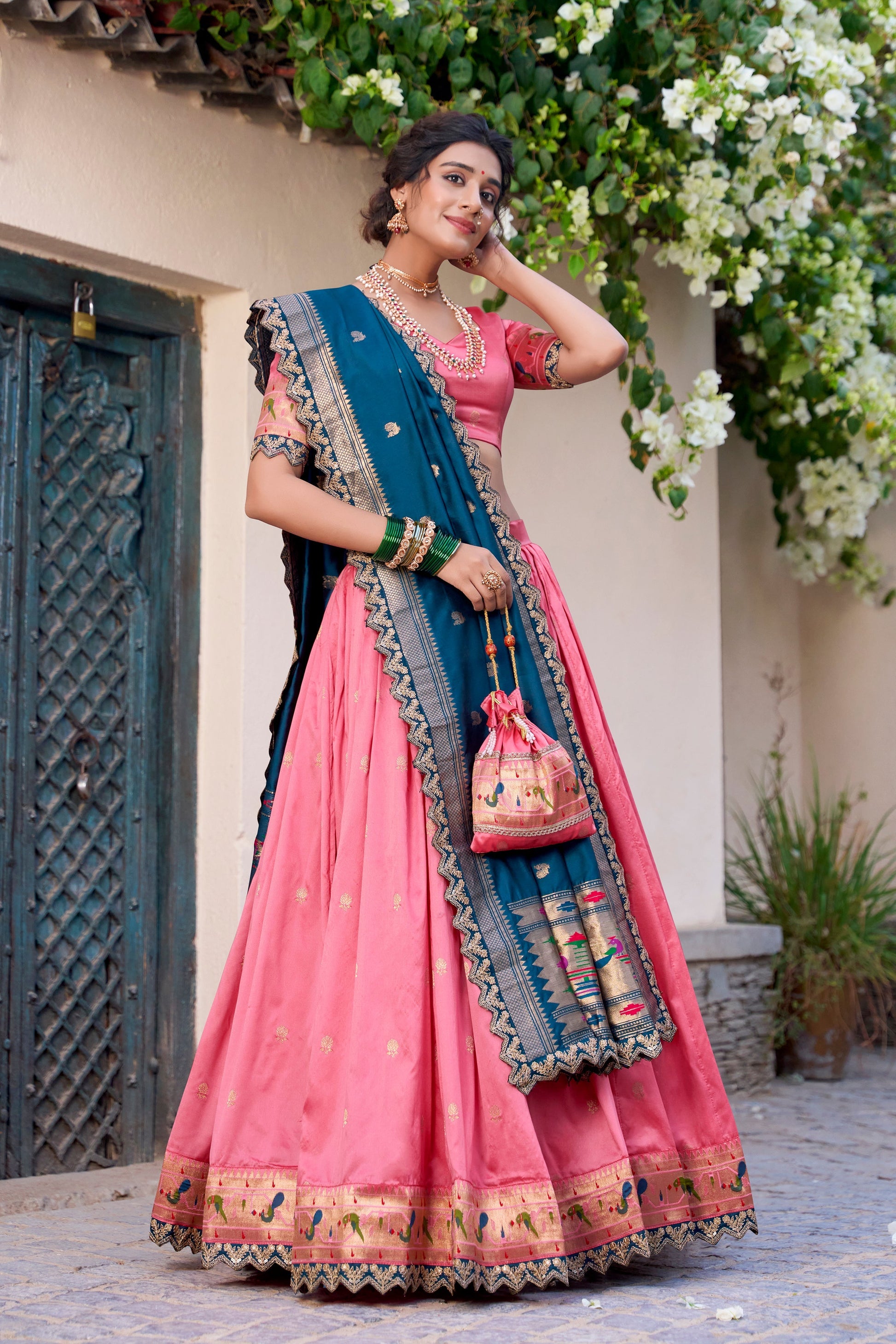 Lorenvalley Light Pink Jacquard Silk Paithani Zari Weaving Work With Sequins and Thread Embroidery Scallop Lace Border Lehenga Choli with Dupatta 