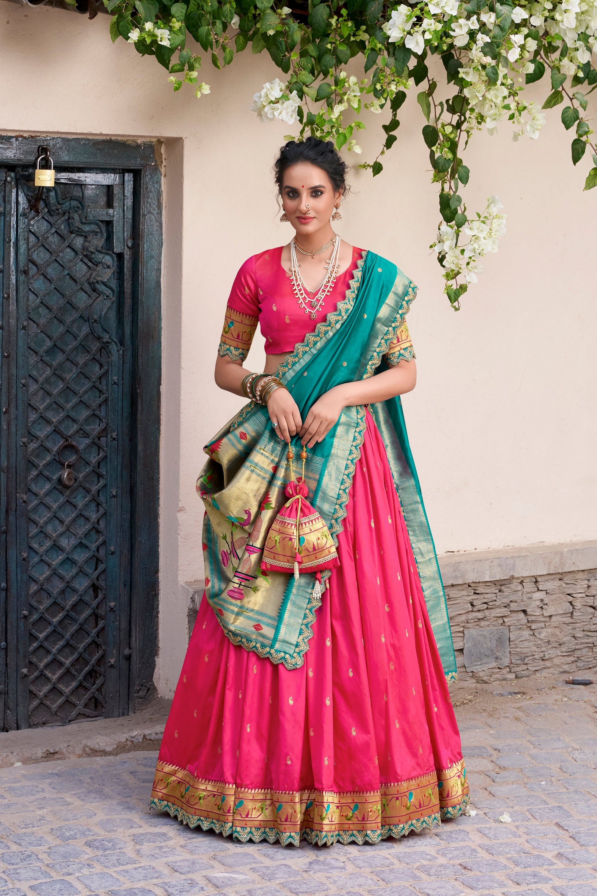 Lorenvalley Pink Jacquard Silk Paithani Zari Weaving Work With Sequins and Thread Embroidery Scallop Lace Border Lehenga Choli with Dupatta 