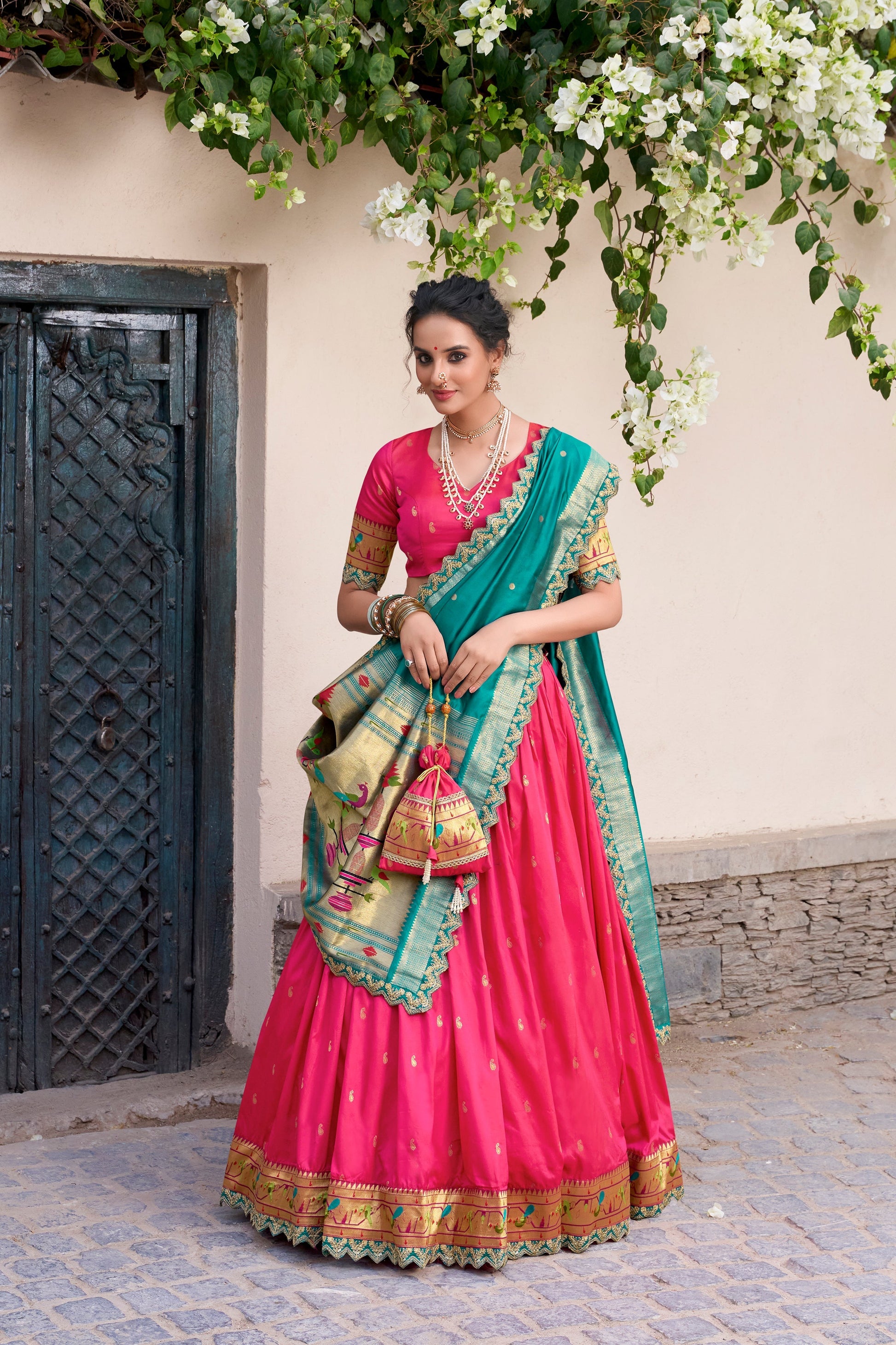 Lorenvalley Pink Jacquard Silk Paithani Zari Weaving Work With Sequins and Thread Embroidery Scallop Lace Border Lehenga Choli with Dupatta 
