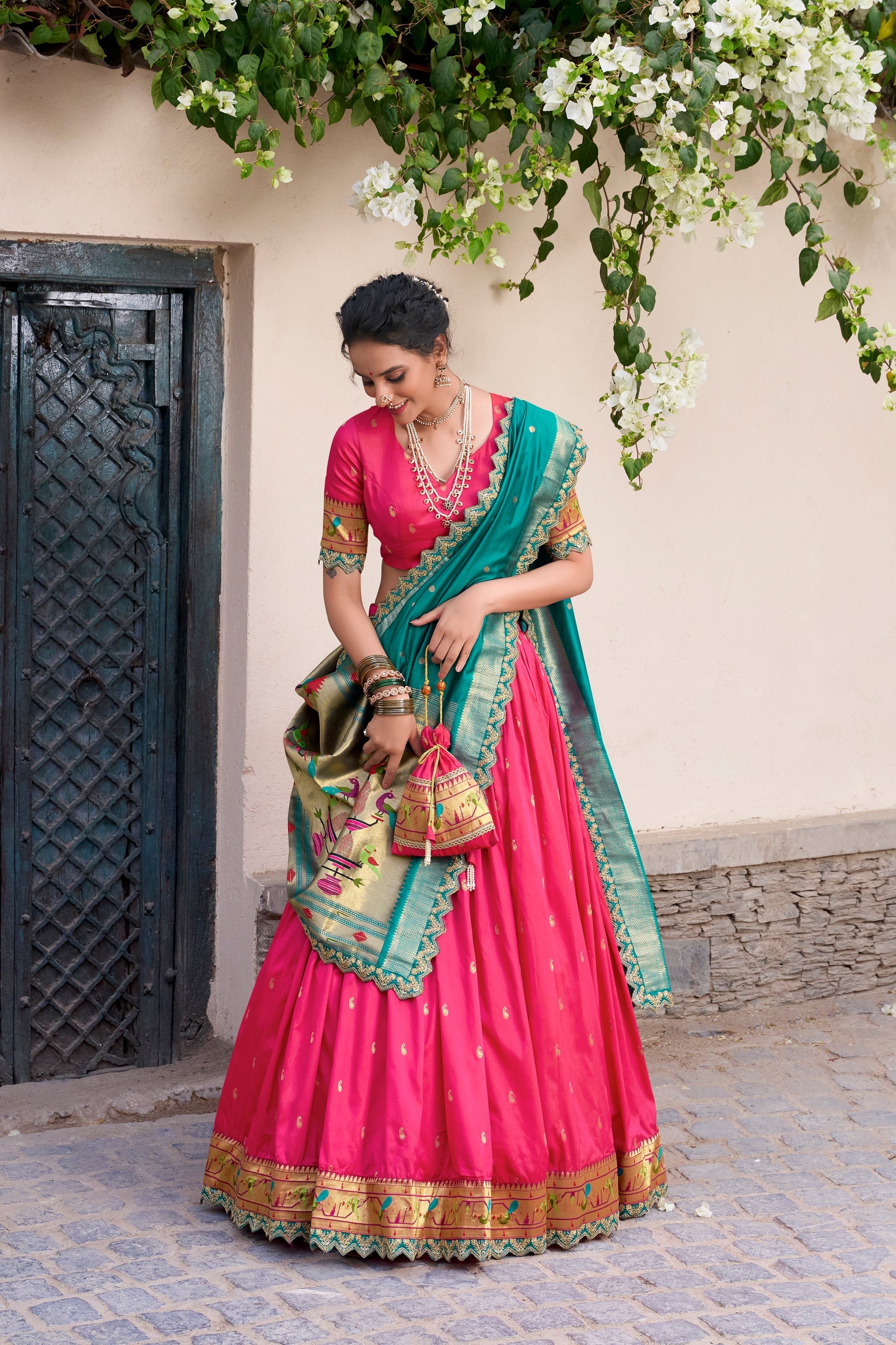 Lorenvalley Pink Jacquard Silk Paithani Zari Weaving Work With Sequins and Thread Embroidery Scallop Lace Border Lehenga Choli with Dupatta 