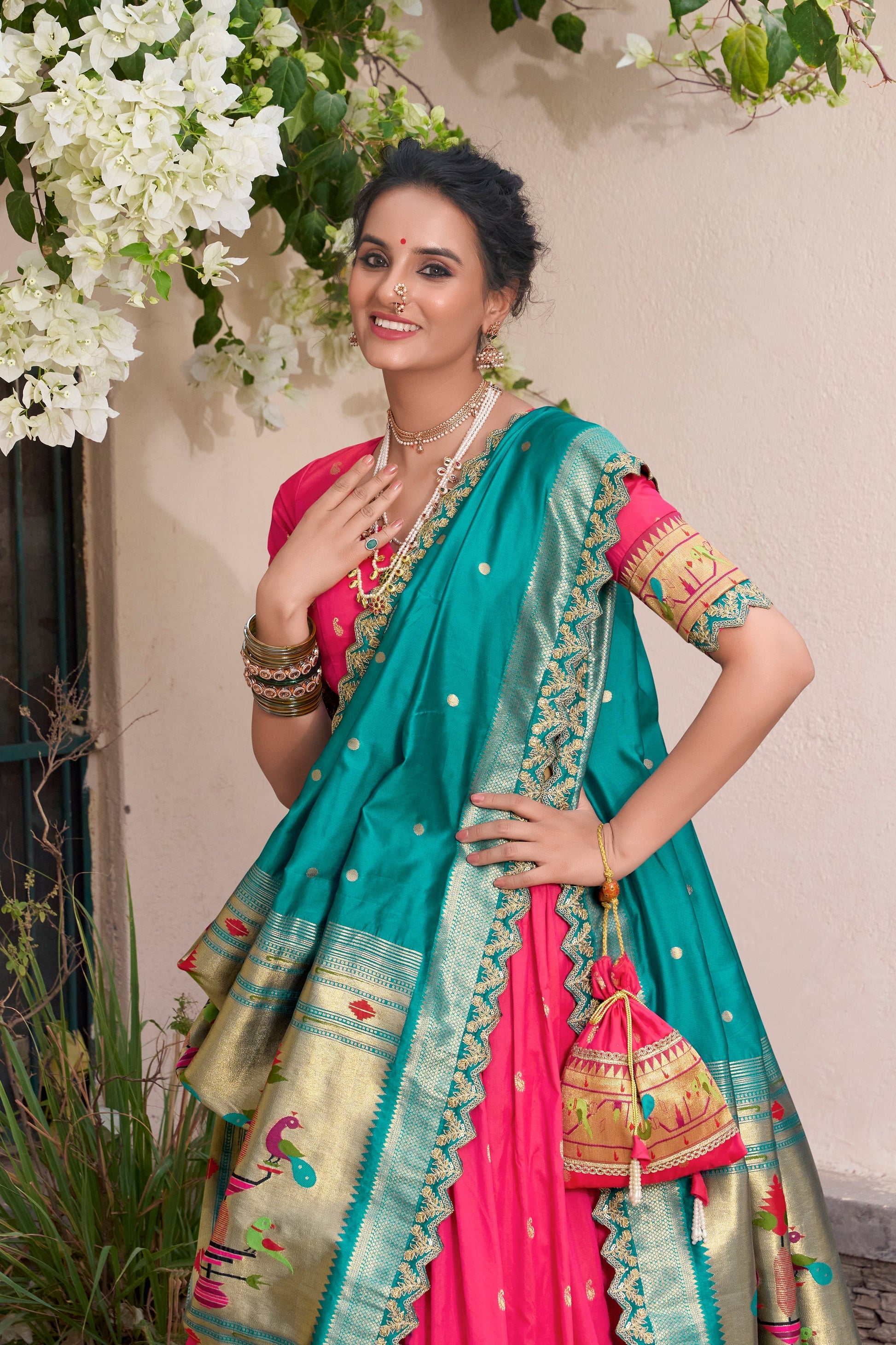 Lorenvalley Pink Jacquard Silk Paithani Zari Weaving Work With Sequins and Thread Embroidery Scallop Lace Border Lehenga Choli with Dupatta 
