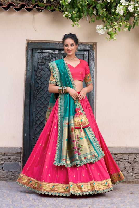 Lorenvalley Pink Jacquard Silk Paithani Zari Weaving Work With Sequins and Thread Embroidery Scallop Lace Border Lehenga Choli with Dupatta 