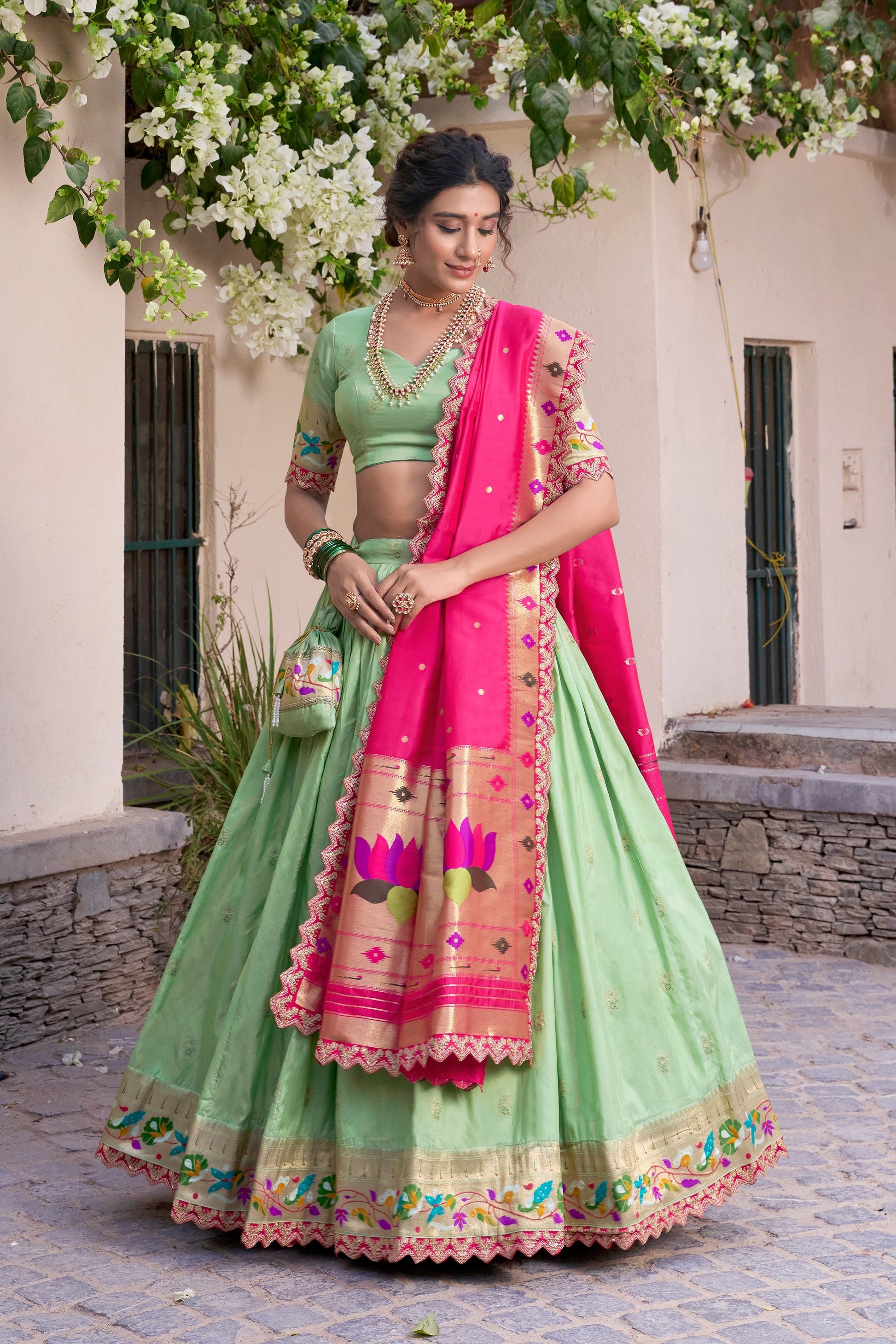Lorenvalley Pista Jacquard Silk Paithani Zari Weaving Work With Sequins and Thread Embroidery Scallop Lace Border Lehenga Choli with Dupatta 