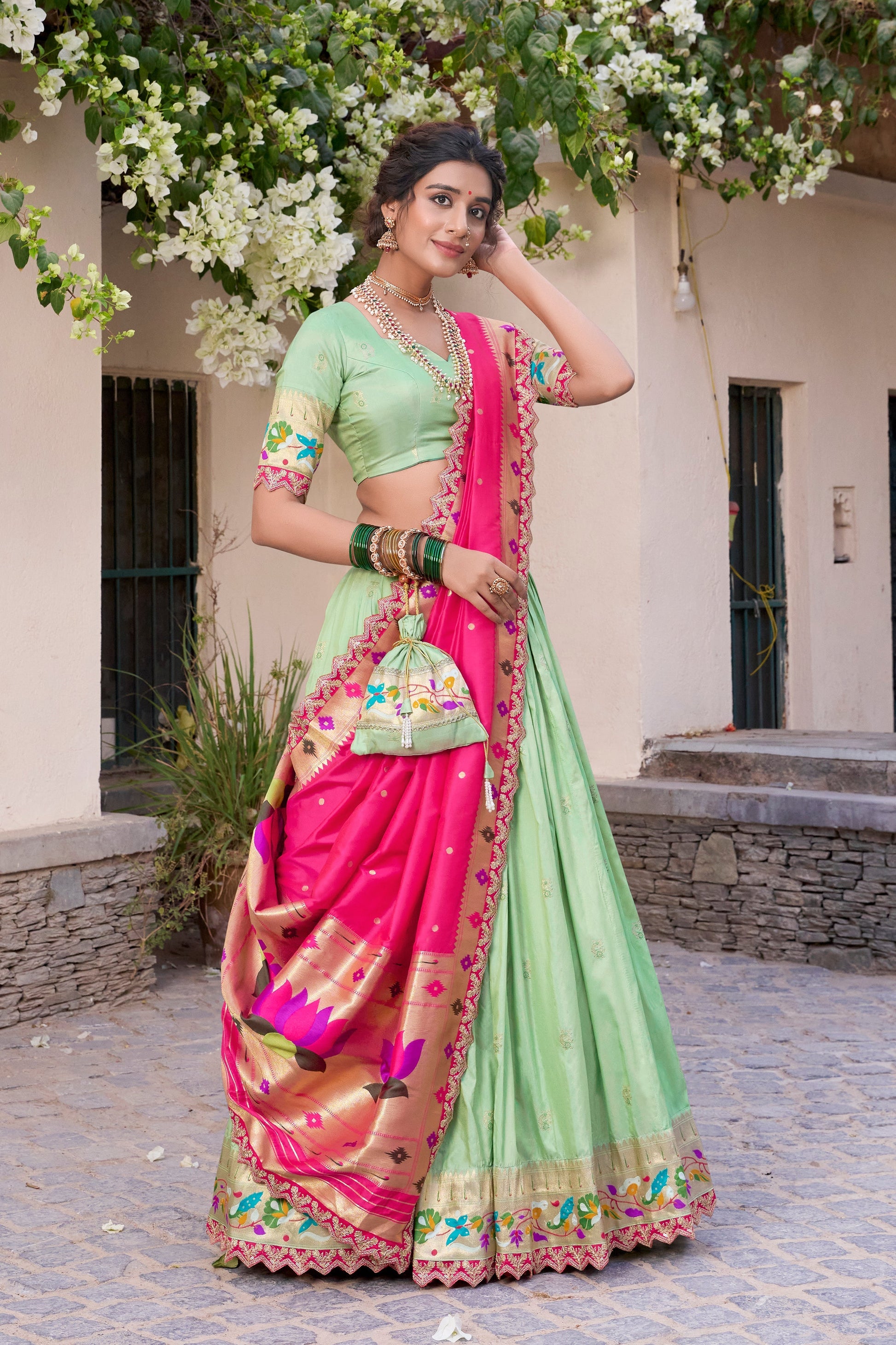 Lorenvalley Pista Jacquard Silk Paithani Zari Weaving Work With Sequins and Thread Embroidery Scallop Lace Border Lehenga Choli with Dupatta 