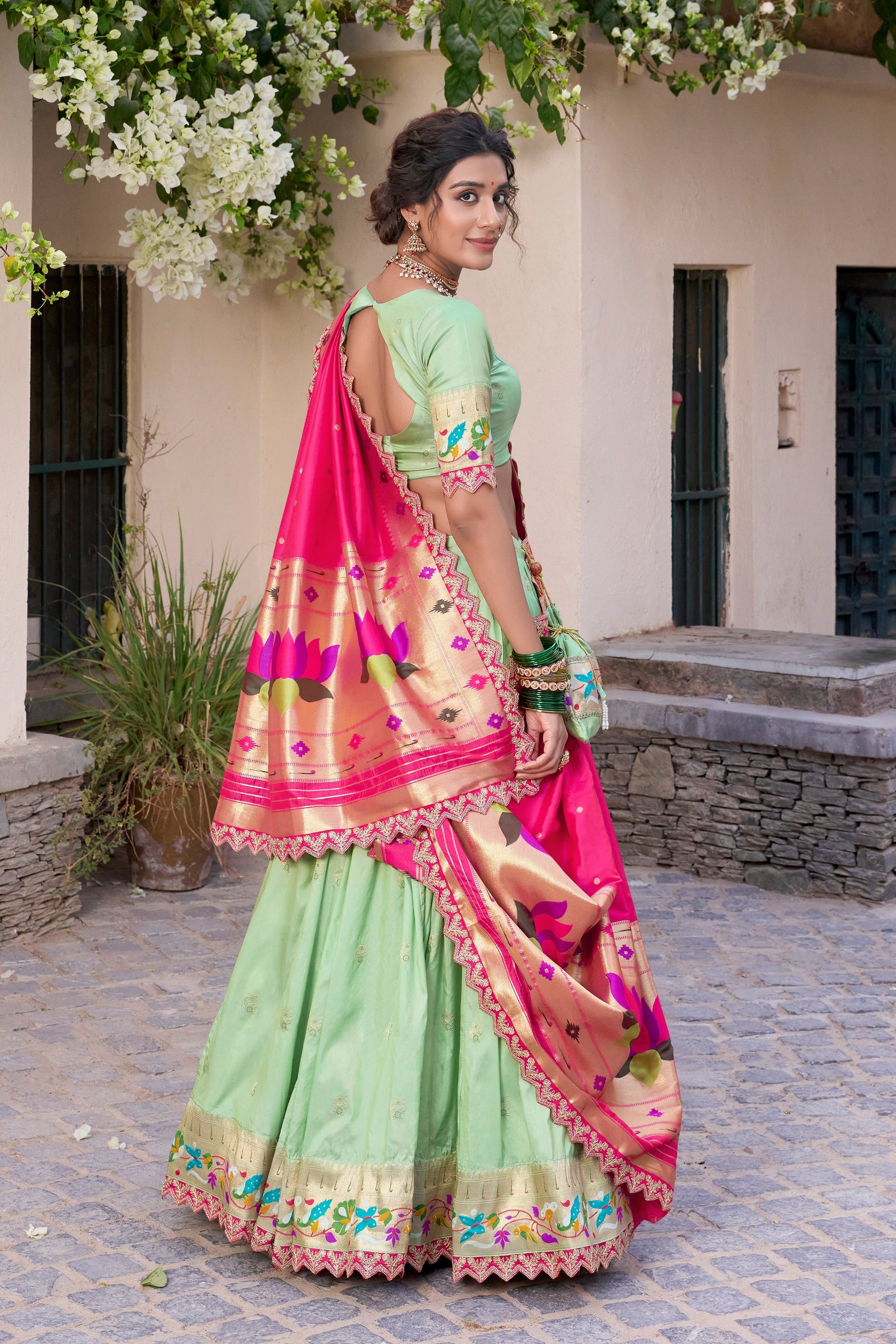 Lorenvalley Pista Jacquard Silk Paithani Zari Weaving Work With Sequins and Thread Embroidery Scallop Lace Border Lehenga Choli with Dupatta 