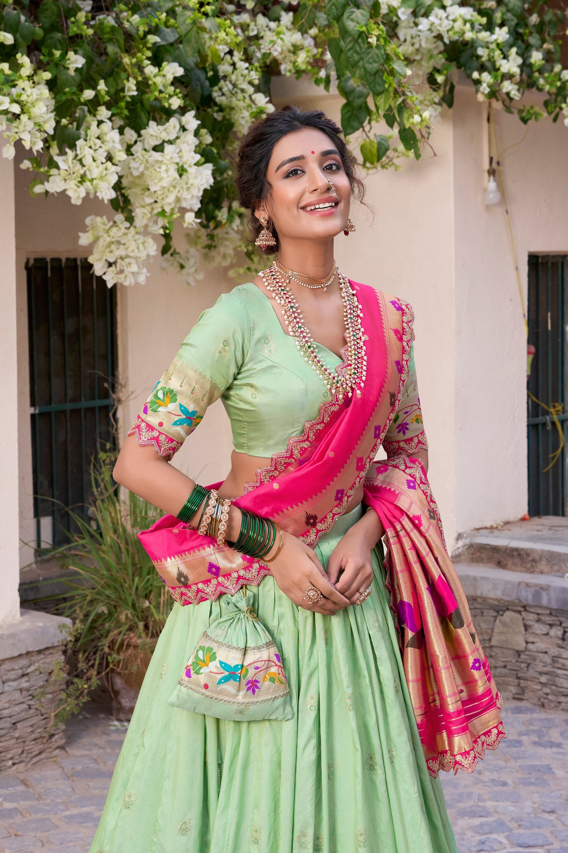 Lorenvalley Pista Jacquard Silk Paithani Zari Weaving Work With Sequins and Thread Embroidery Scallop Lace Border Lehenga Choli with Dupatta 