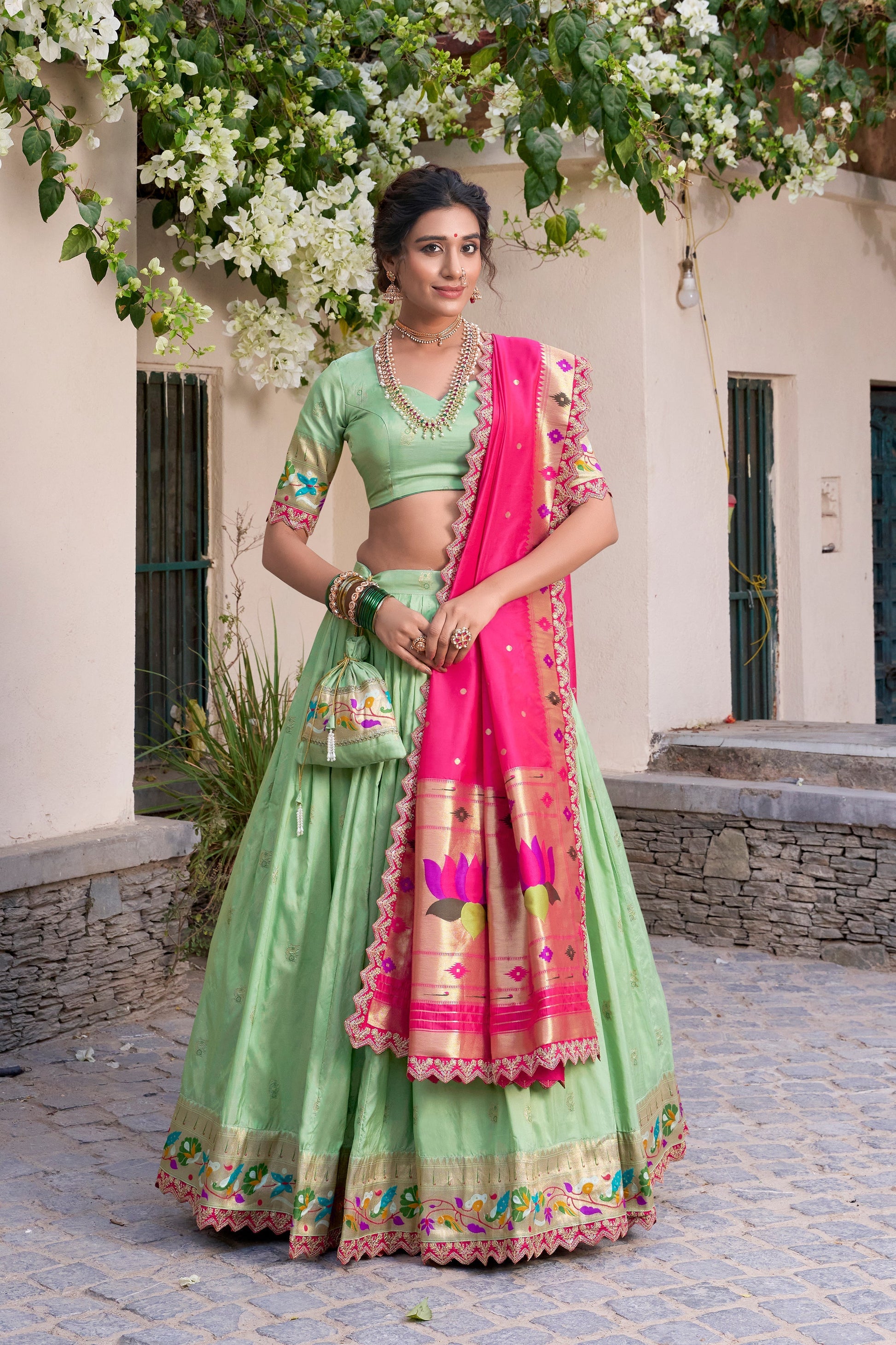 Lorenvalley Pista Jacquard Silk Paithani Zari Weaving Work With Sequins and Thread Embroidery Scallop Lace Border Lehenga Choli with Dupatta 