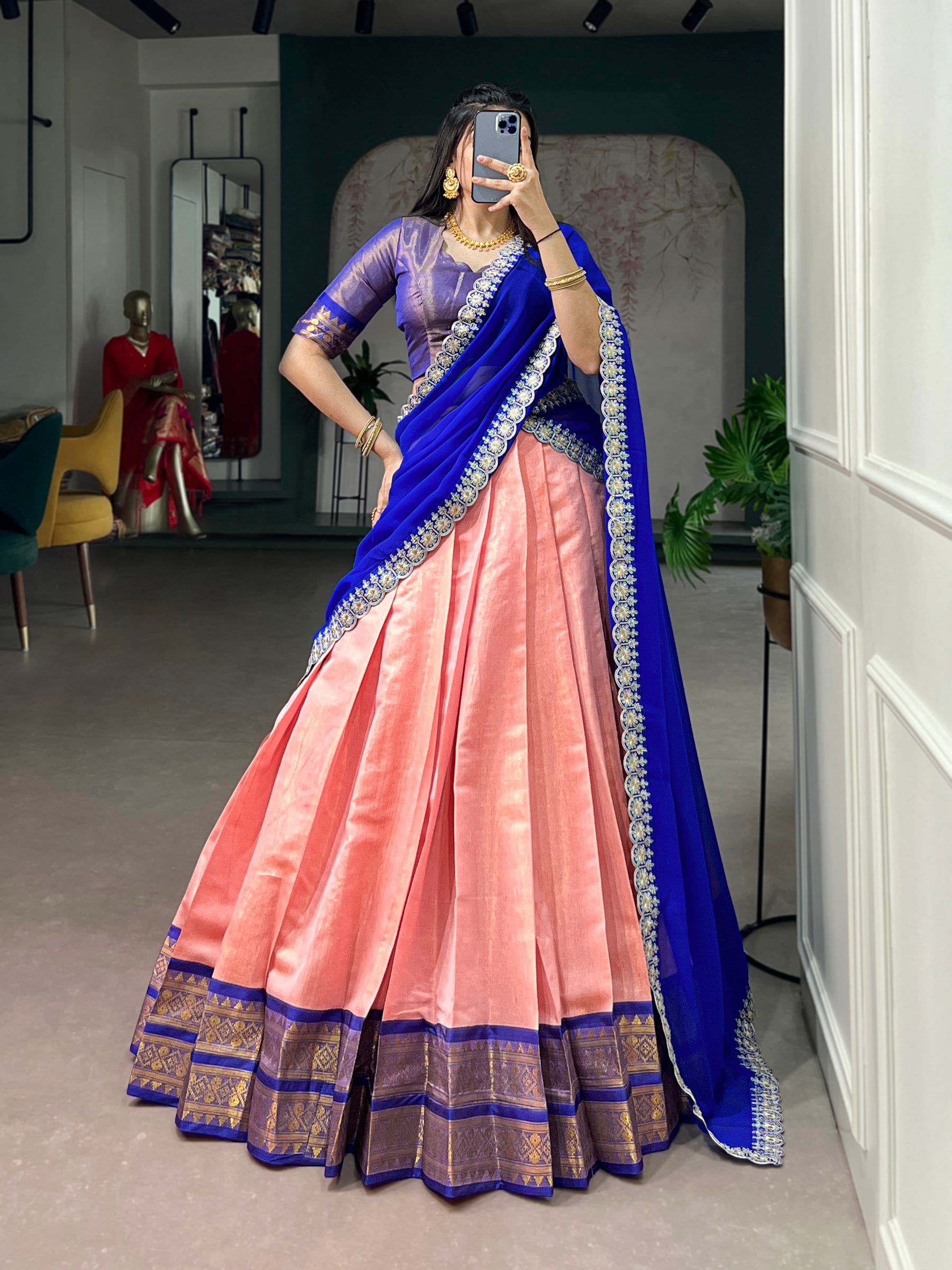 Lorenvalley Fashion Peach Kanchipuram Zari Weaving Work Lehenga Choli with Dupatta
