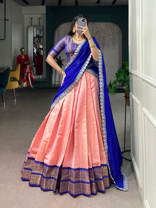 Lorenvalley Fashion Peach Kanchipuram Zari Weaving Work Lehenga Choli with Dupatta