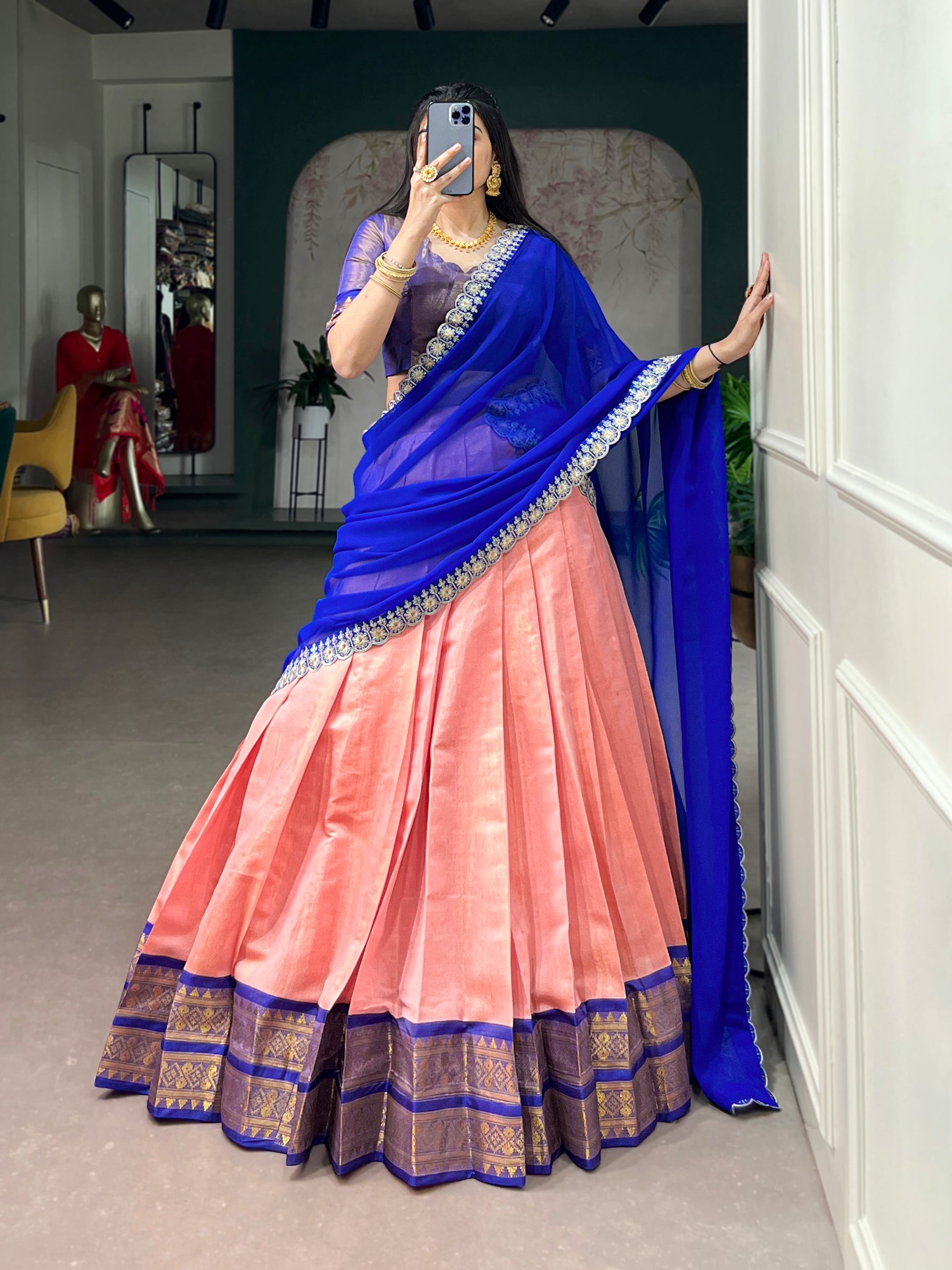 Lorenvalley Fashion Peach Kanchipuram Zari Weaving Work Lehenga Choli with Dupatta