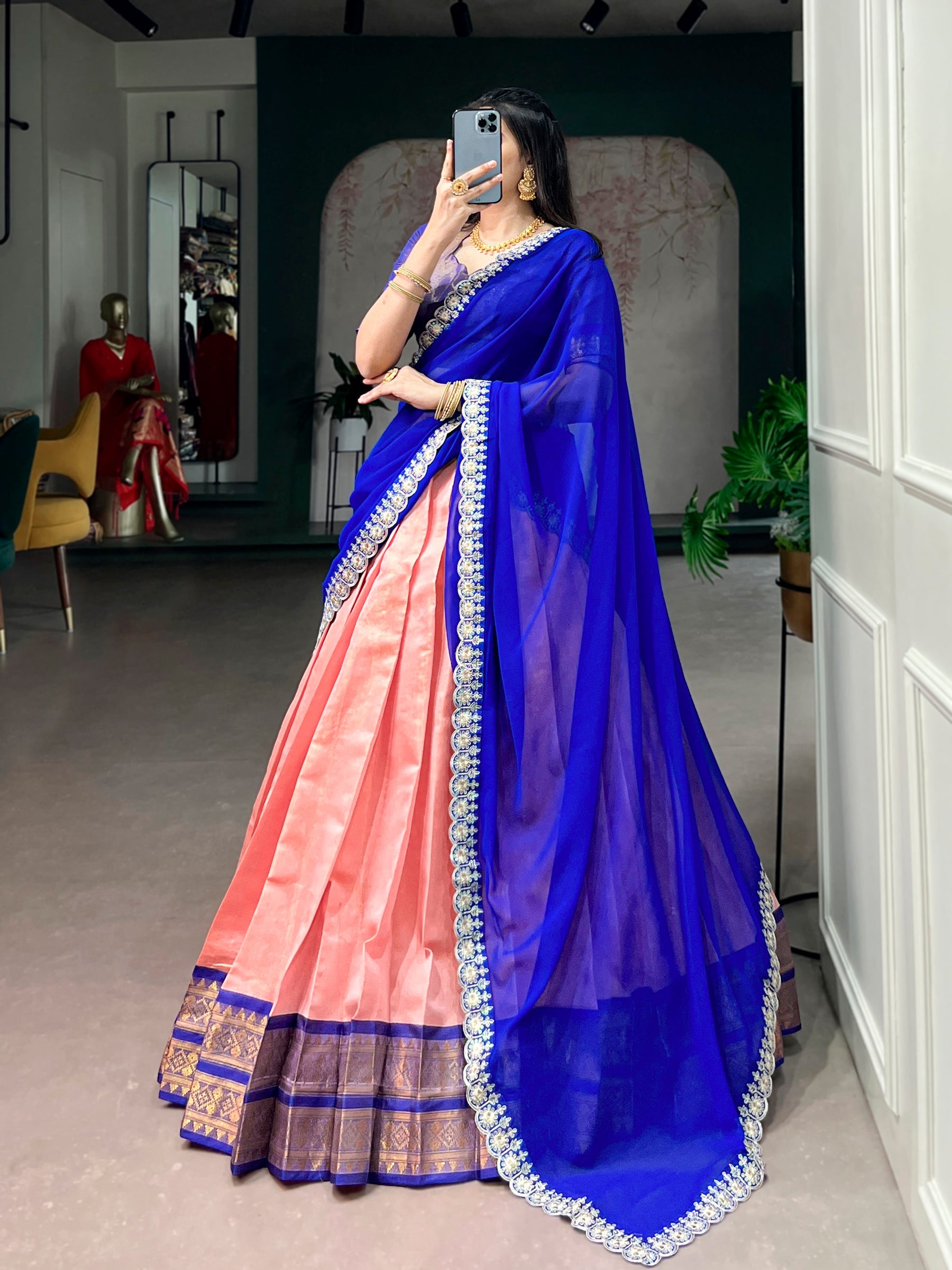 Lorenvalley Fashion Peach Kanchipuram Zari Weaving Work Lehenga Choli with Dupatta