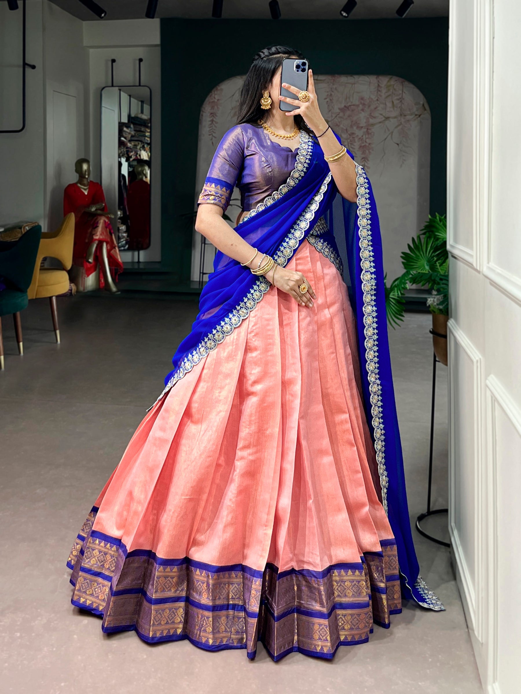 Lorenvalley Fashion Peach Kanchipuram Zari Weaving Work Lehenga Choli with Dupatta