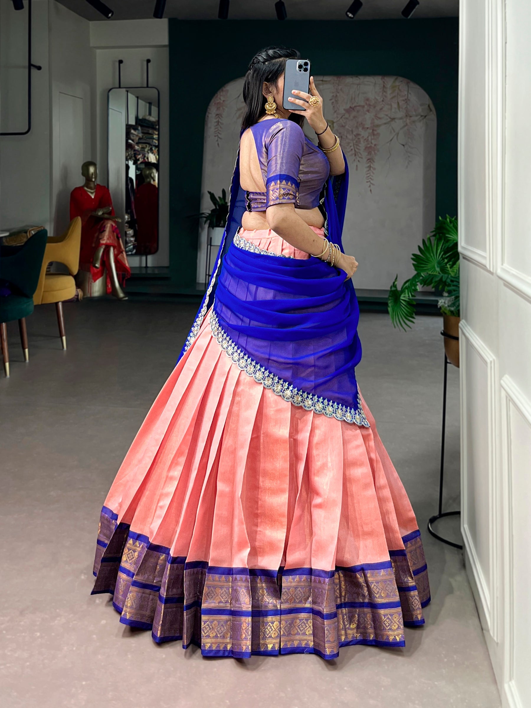 Lorenvalley Fashion Peach Kanchipuram Zari Weaving Work Lehenga Choli with Dupatta