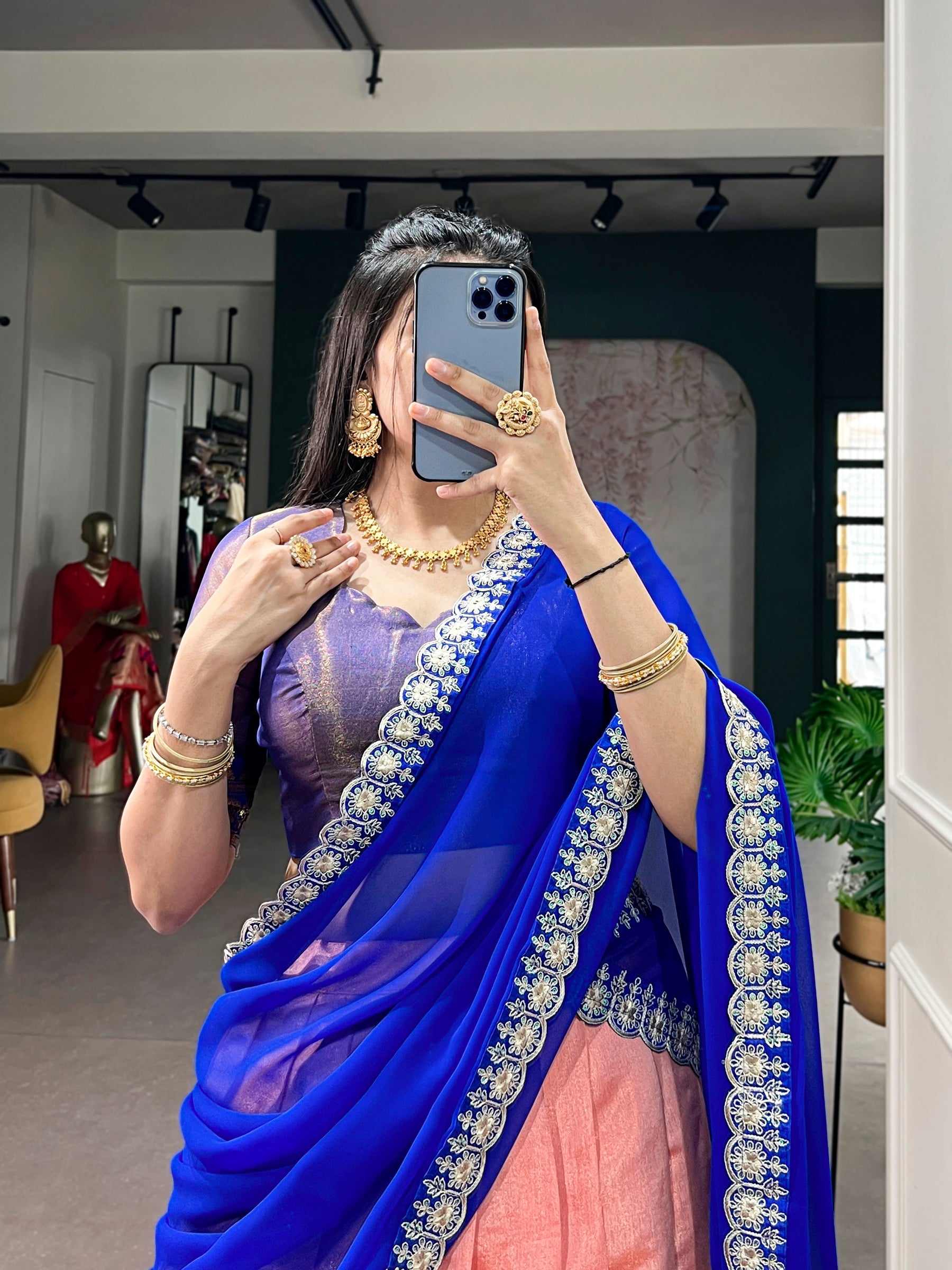 Lorenvalley Fashion Peach Kanchipuram Zari Weaving Work Lehenga Choli with Dupatta