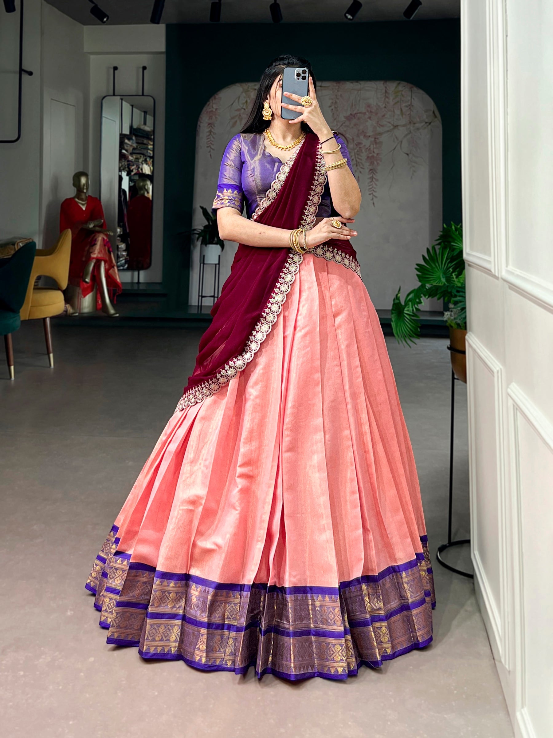 Lorenvalley Fashion Peach Kanchipuram Zari Weaving Work Lehenga Choli with Dupatta
