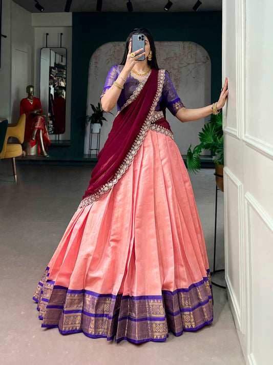 Lorenvalley Fashion Peach Kanchipuram Zari Weaving Work Lehenga Choli with Dupatta