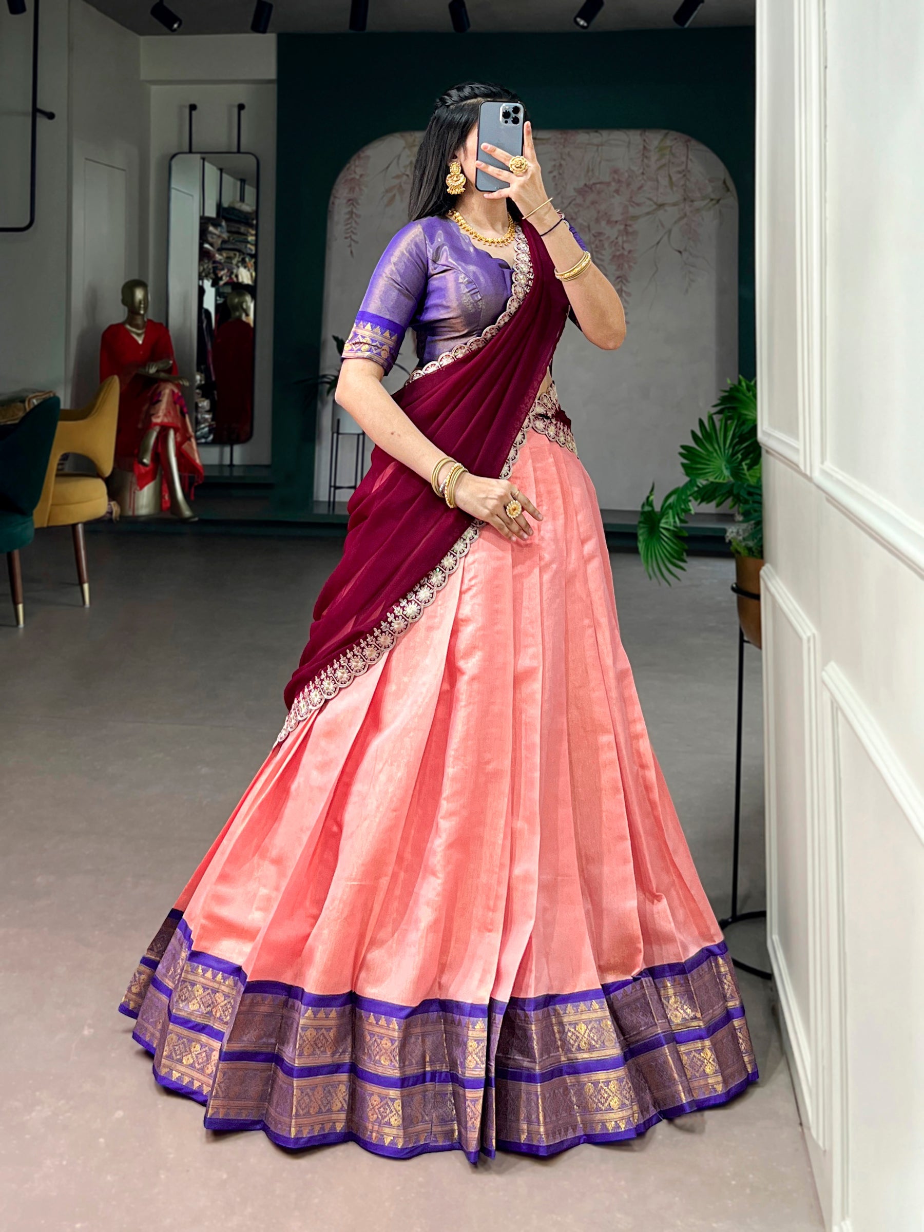 Lorenvalley Fashion Peach Kanchipuram Zari Weaving Work Lehenga Choli with Dupatta