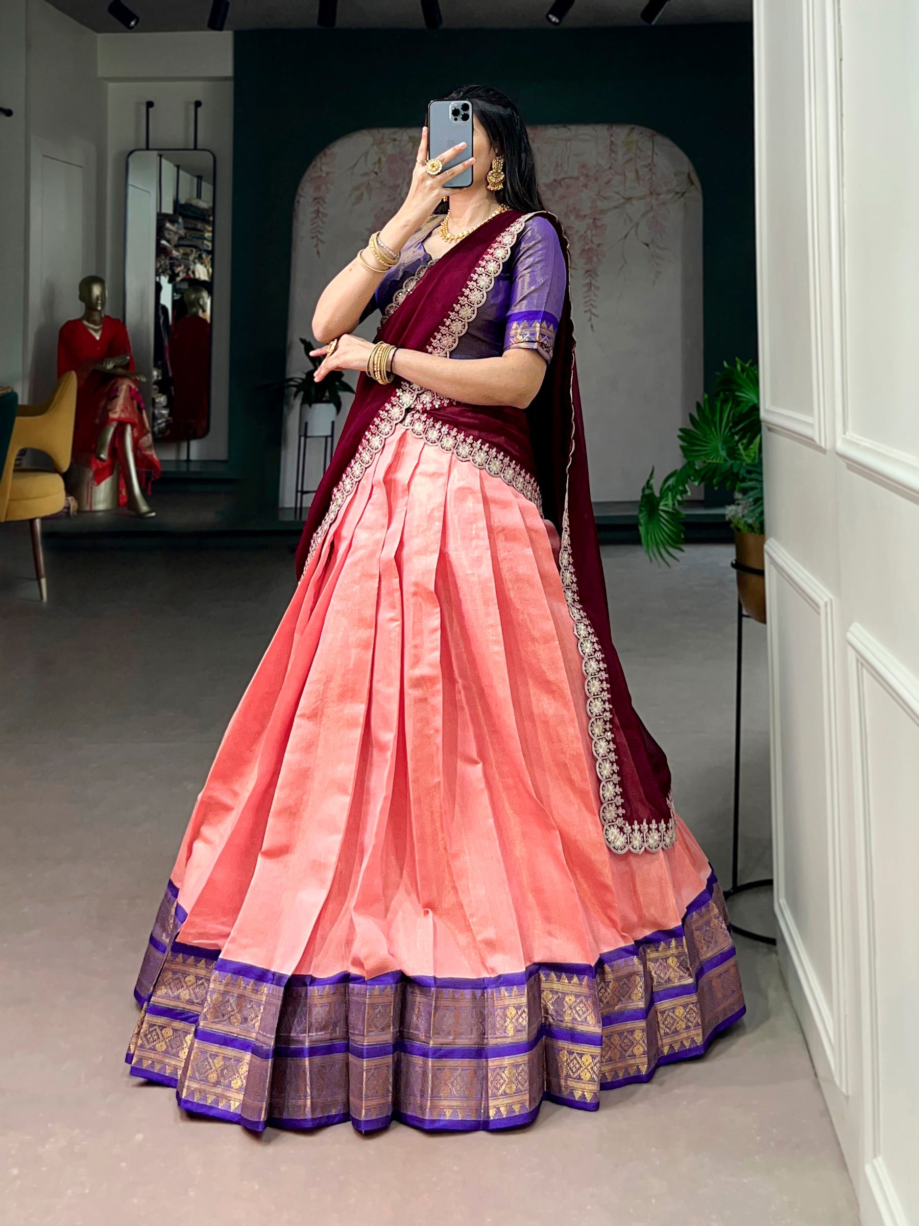 Lorenvalley Fashion Peach Kanchipuram Zari Weaving Work Lehenga Choli with Dupatta