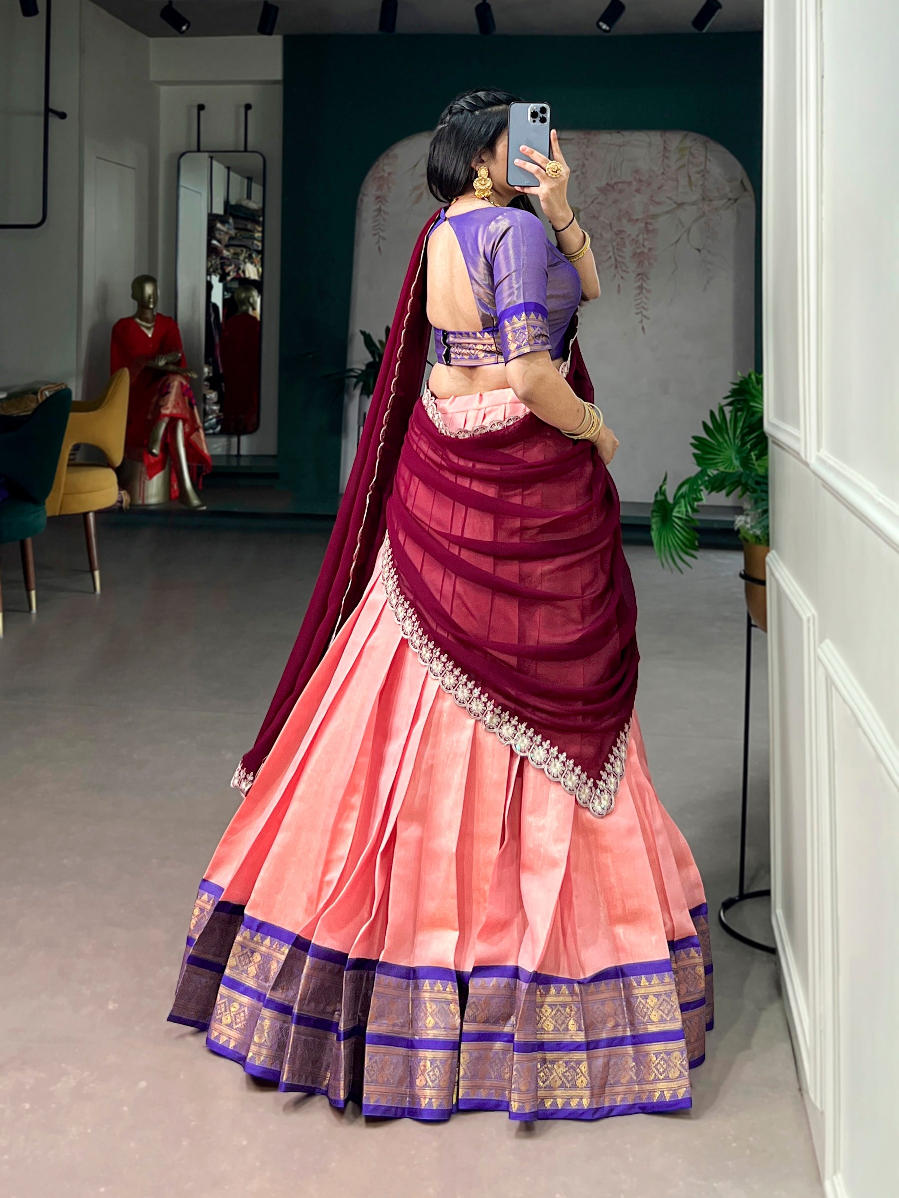 Lorenvalley Fashion Peach Kanchipuram Zari Weaving Work Lehenga Choli with Dupatta