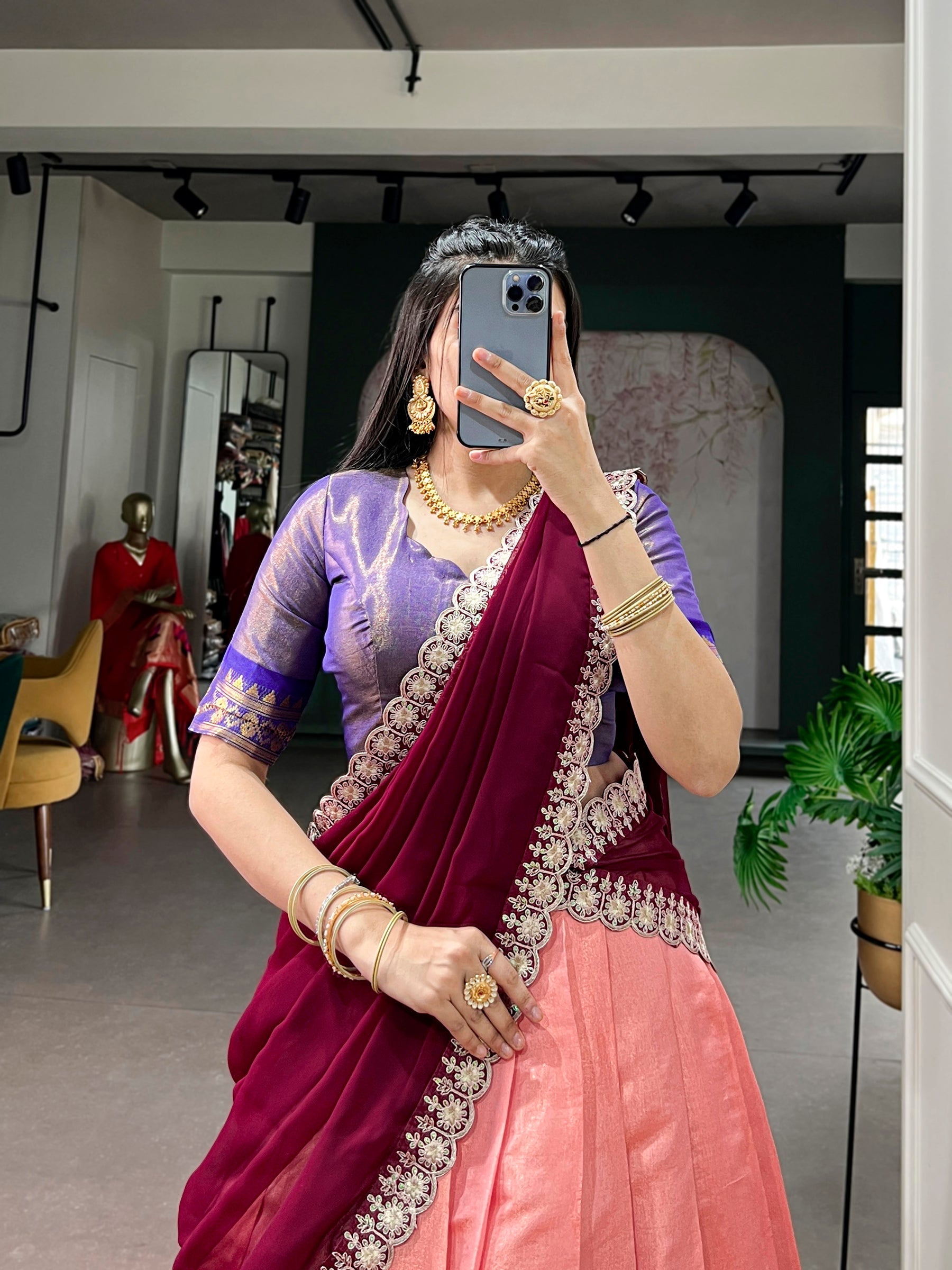 Lorenvalley Fashion Peach Kanchipuram Zari Weaving Work Lehenga Choli with Dupatta