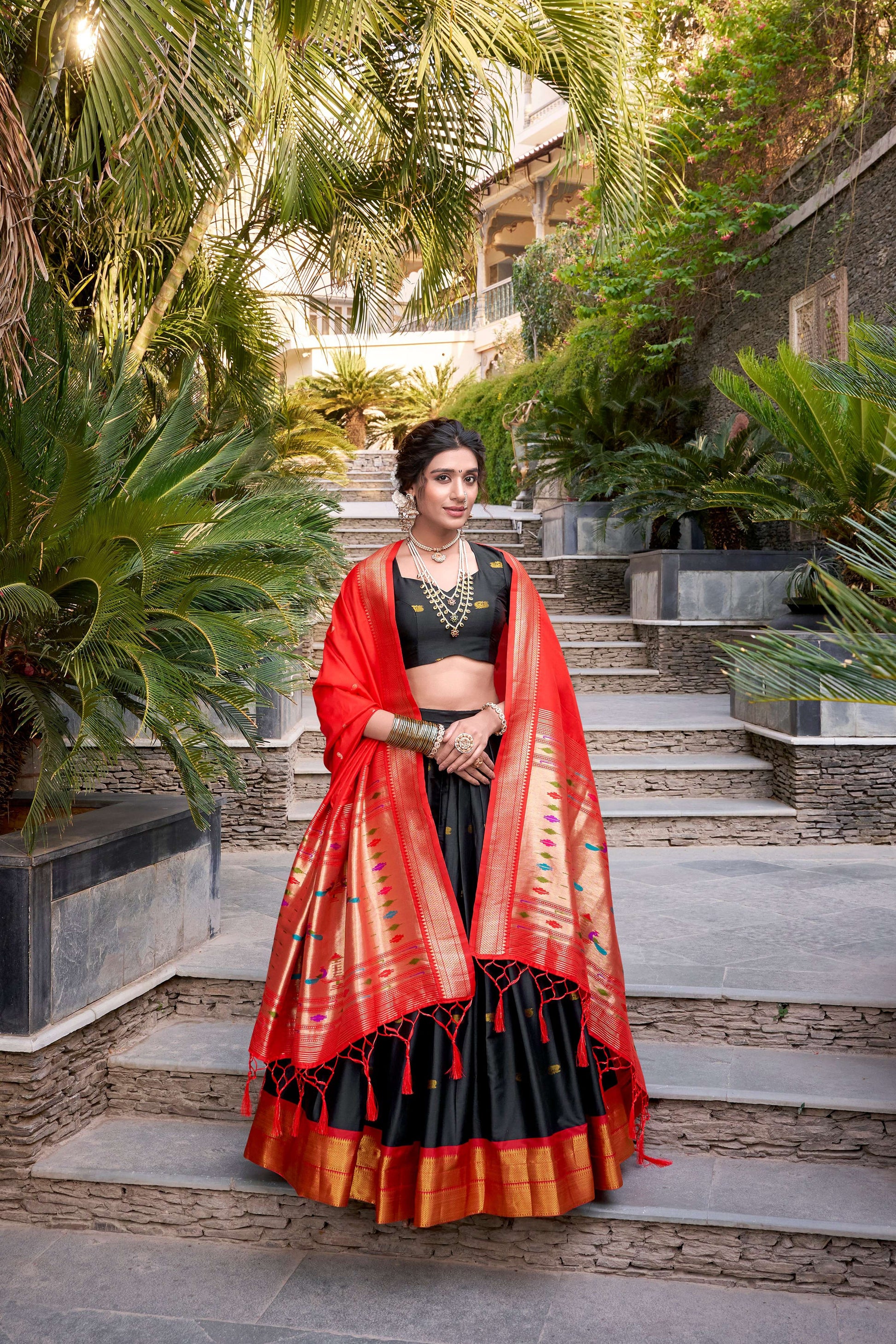 Lorenvalley Black Jacquard Silk Paithani Zari Weaving Work Lehenga Choli with Dupatta 