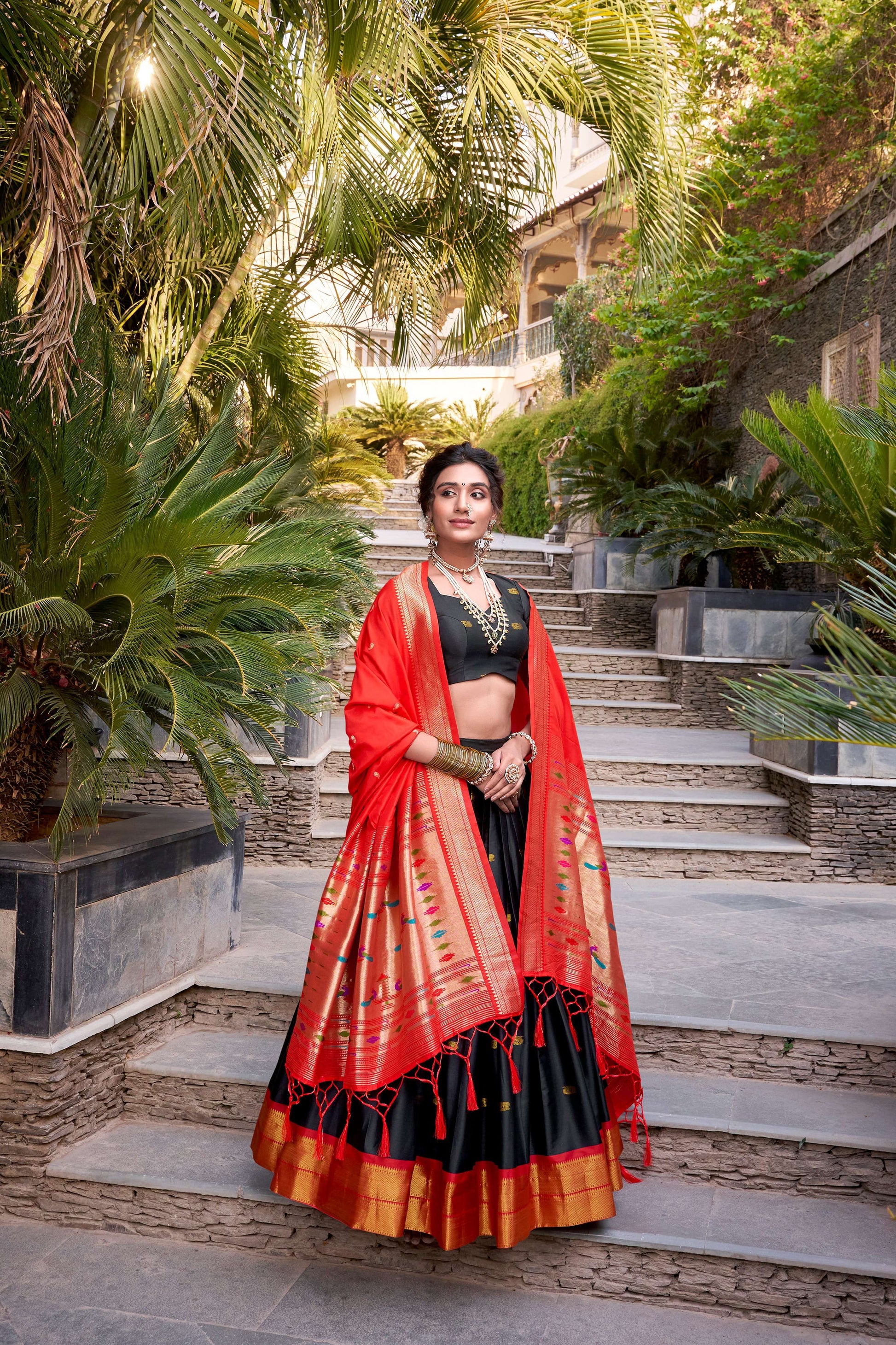 Lorenvalley Black Jacquard Silk Paithani Zari Weaving Work Lehenga Choli with Dupatta 