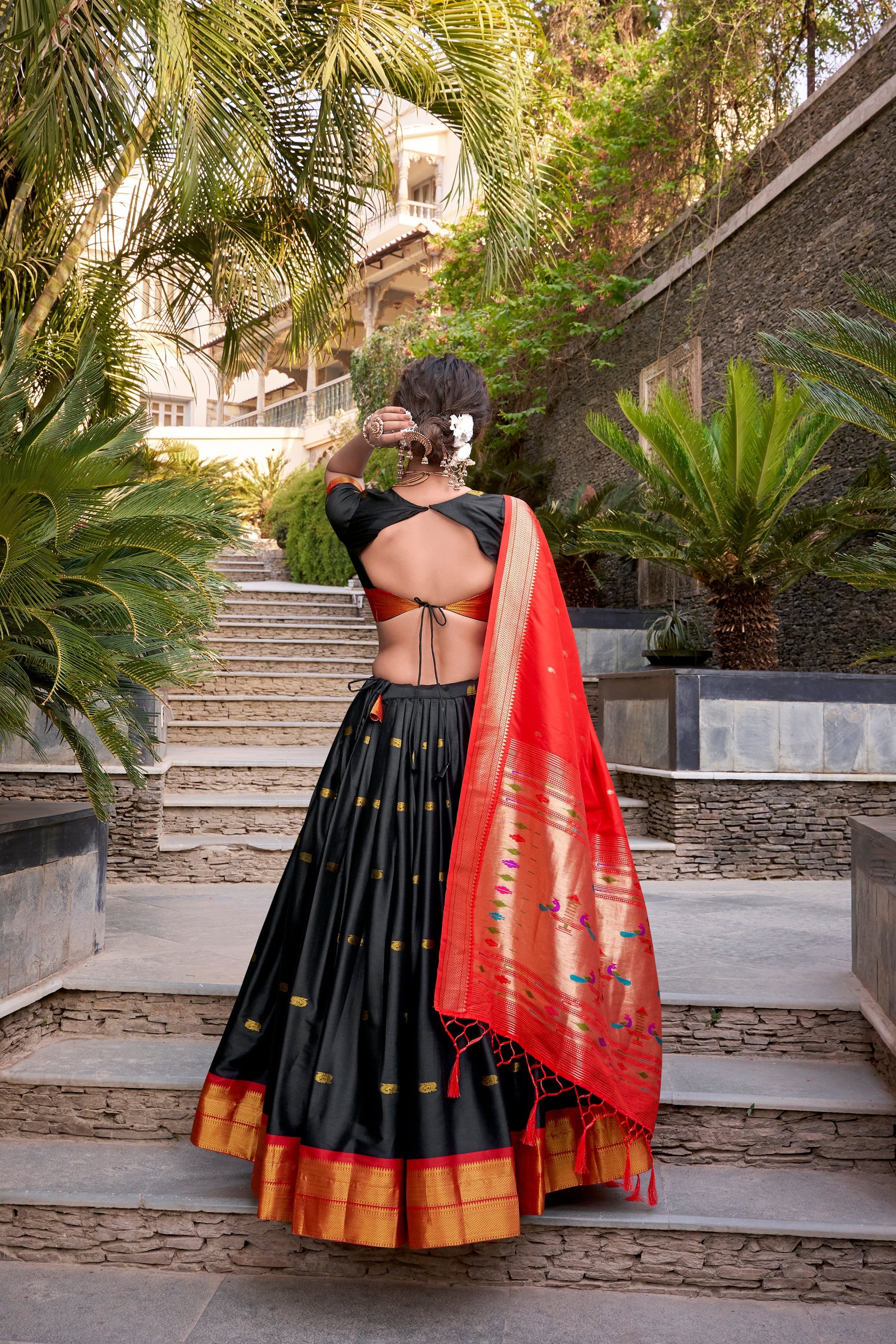 Lorenvalley Black Jacquard Silk Paithani Zari Weaving Work Lehenga Choli with Dupatta 