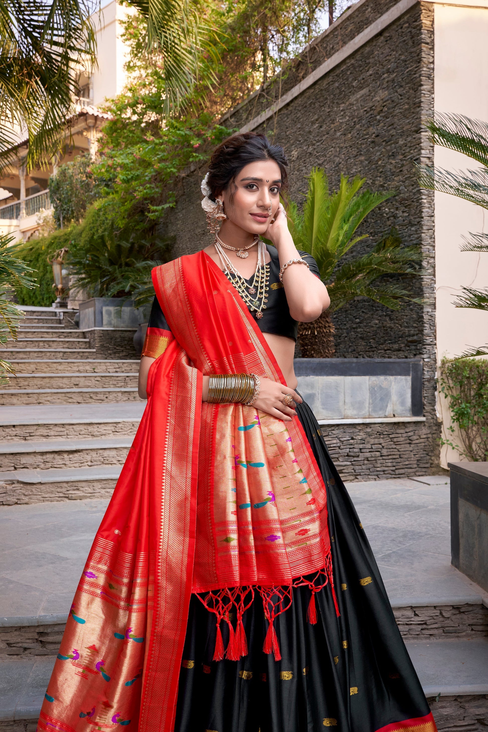 Lorenvalley Black Jacquard Silk Paithani Zari Weaving Work Lehenga Choli with Dupatta 