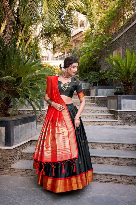 Lorenvalley Black Jacquard Silk Paithani Zari Weaving Work Lehenga Choli with Dupatta 