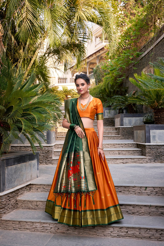 Lorenvalley Orange Jacquard Silk Paithani Zari Weaving Work Lehenga Choli with Dupatta 