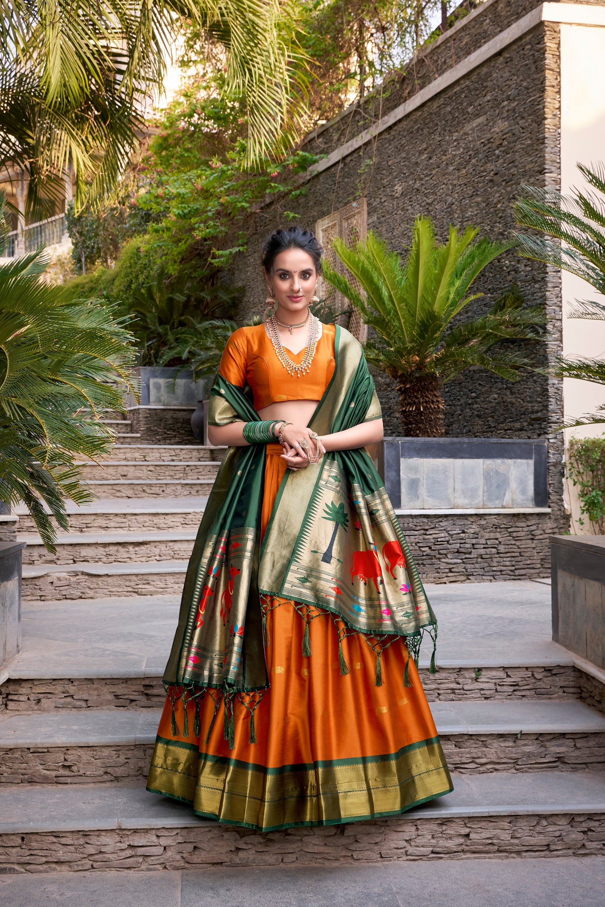 Lorenvalley Orange Jacquard Silk Paithani Zari Weaving Work Lehenga Choli with Dupatta 