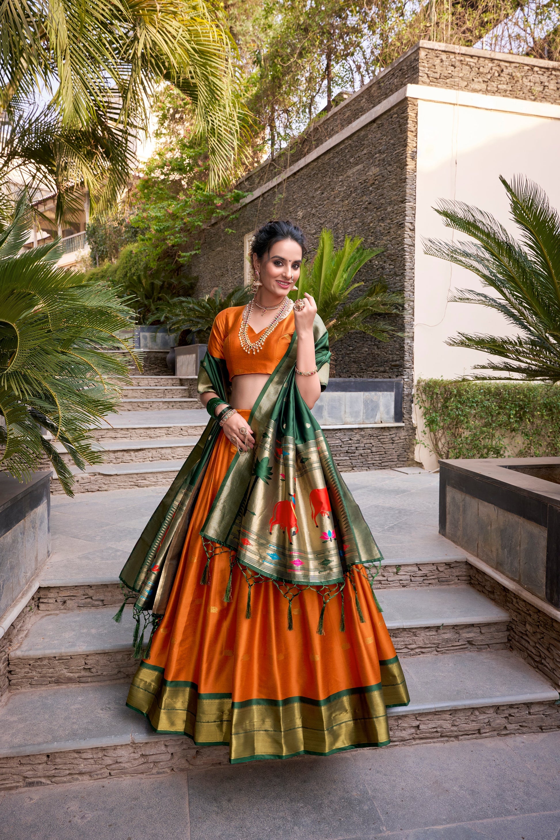 Lorenvalley Orange Jacquard Silk Paithani Zari Weaving Work Lehenga Choli with Dupatta 