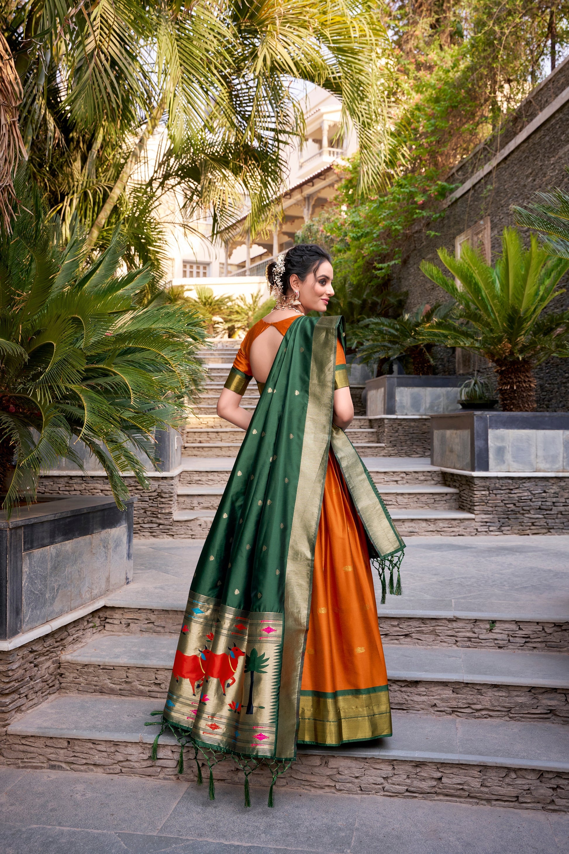 Lorenvalley Orange Jacquard Silk Paithani Zari Weaving Work Lehenga Choli with Dupatta 