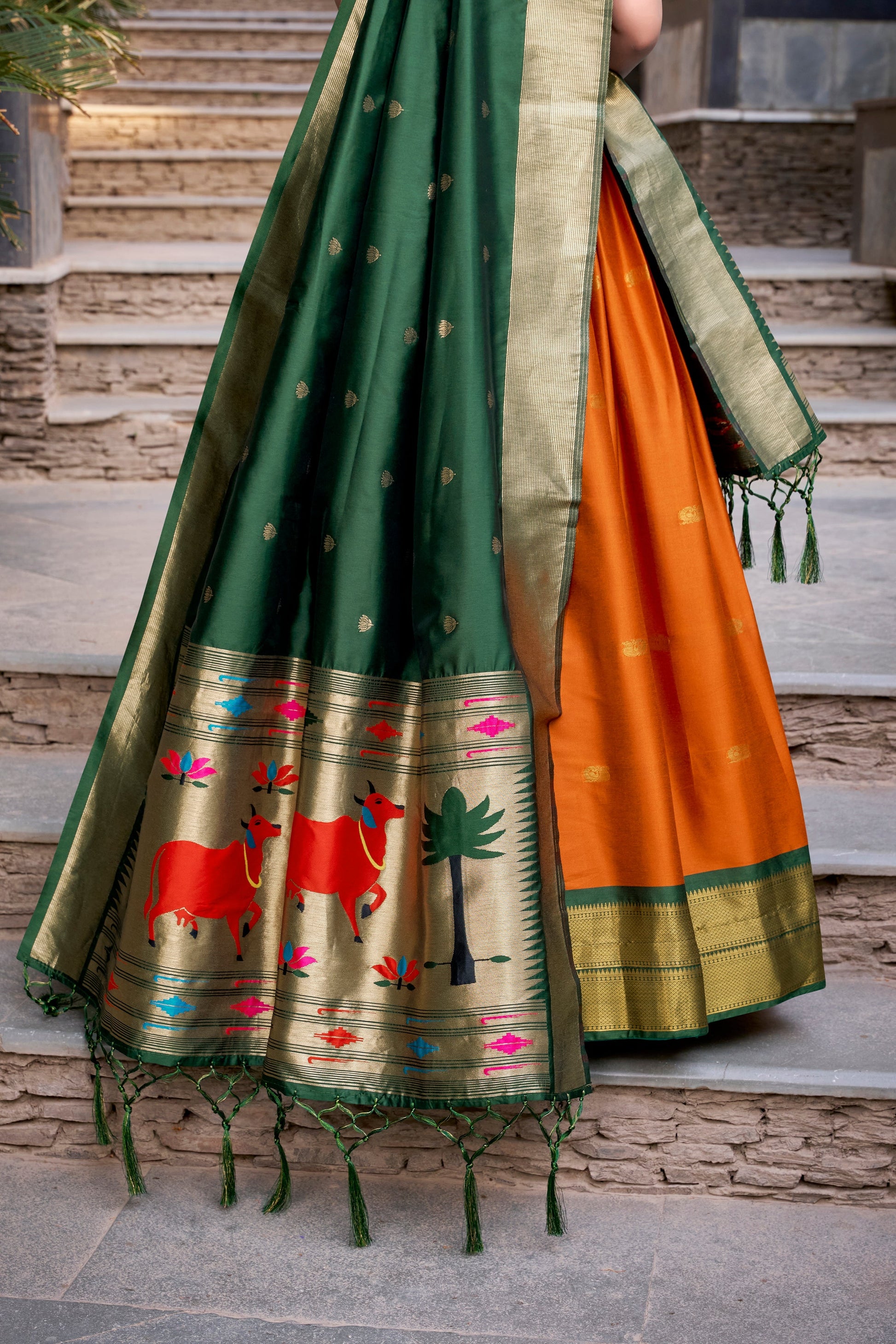 Lorenvalley Orange Jacquard Silk Paithani Zari Weaving Work Lehenga Choli with Dupatta 