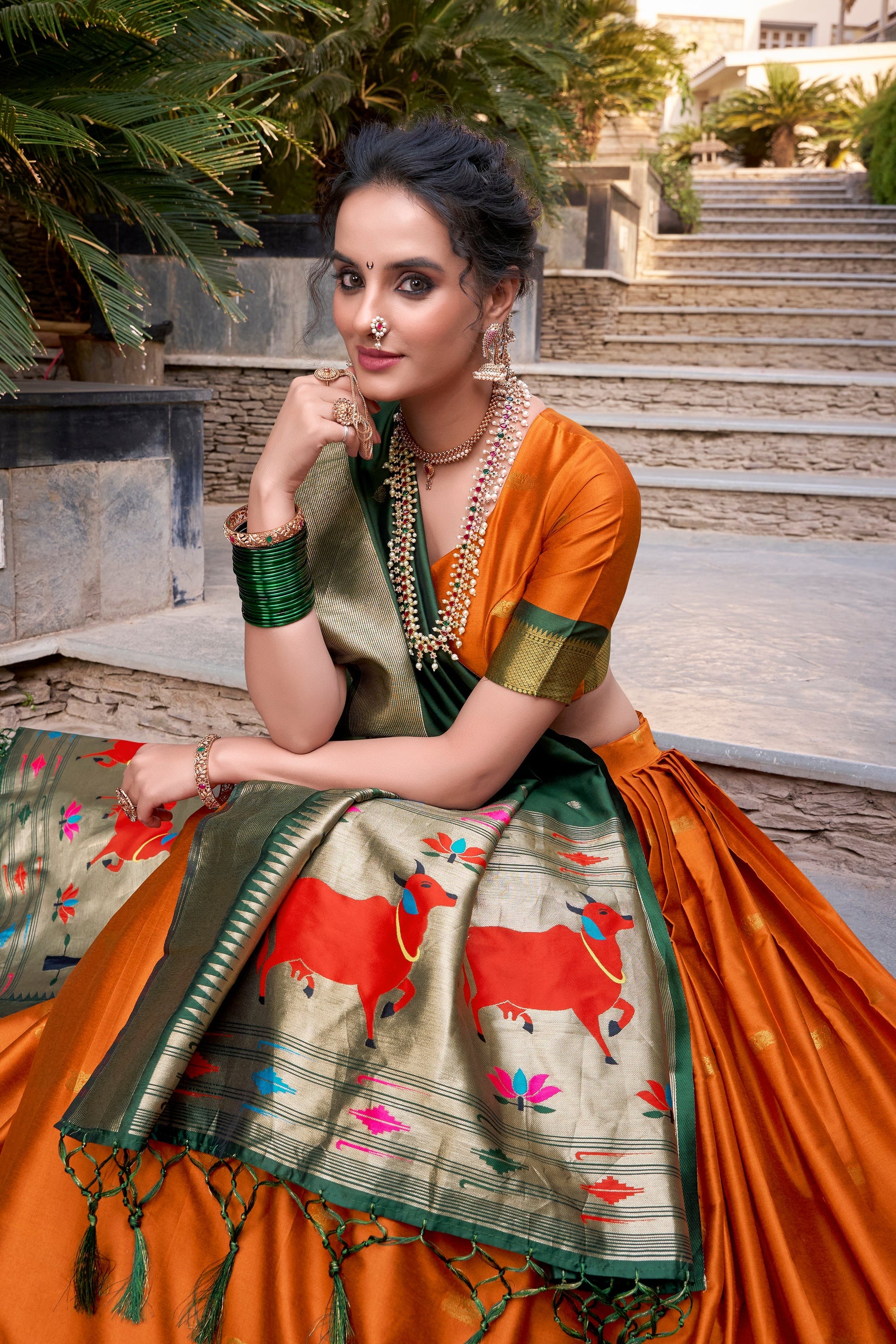 Lorenvalley Orange Jacquard Silk Paithani Zari Weaving Work Lehenga Choli with Dupatta 