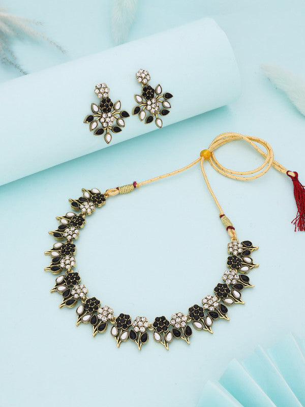 Tehzeeb Creations Black & White Gold Pleated Stone Studded Necklace With Earrings Tehzeeb Creations