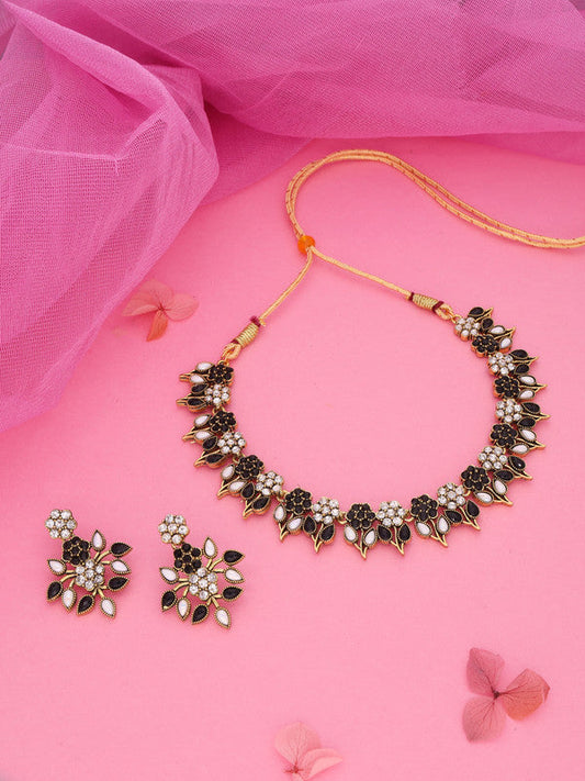 Tehzeeb Creations Black & White Gold Pleated Stone Studded Necklace With Earrings Tehzeeb Creations