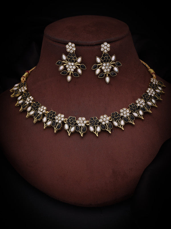 Tehzeeb Creations Black & White Gold Pleated Stone Studded Necklace With Earrings Tehzeeb Creations